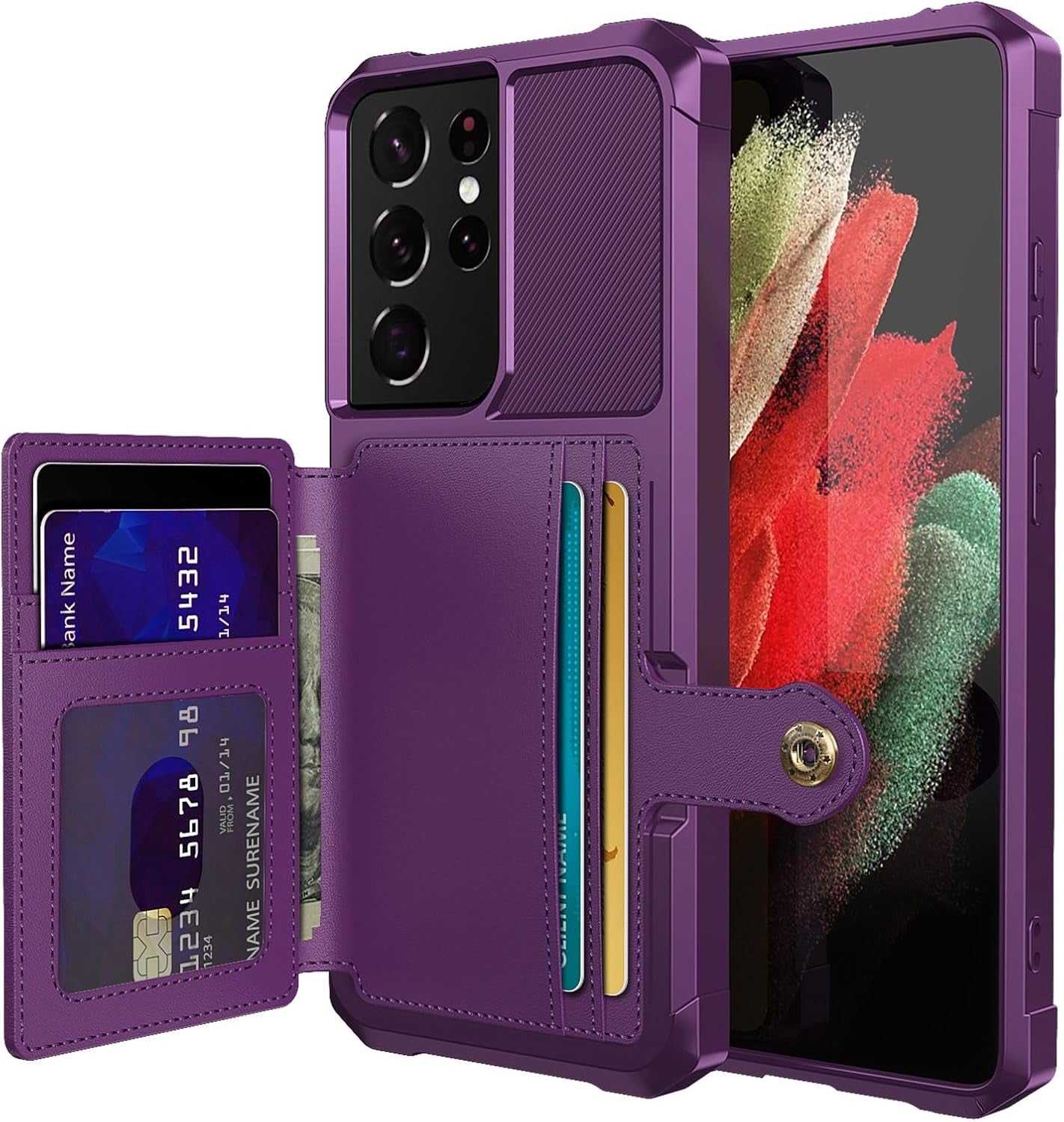 For Samsung Galaxy S22 Ultra Case with Card Holder, Compatible with Magnetic Car Mount, Heavy Duty Shockproof Rugged Soft TPU Back Leather Flip Wallet Cover 6.8 Inch, Red