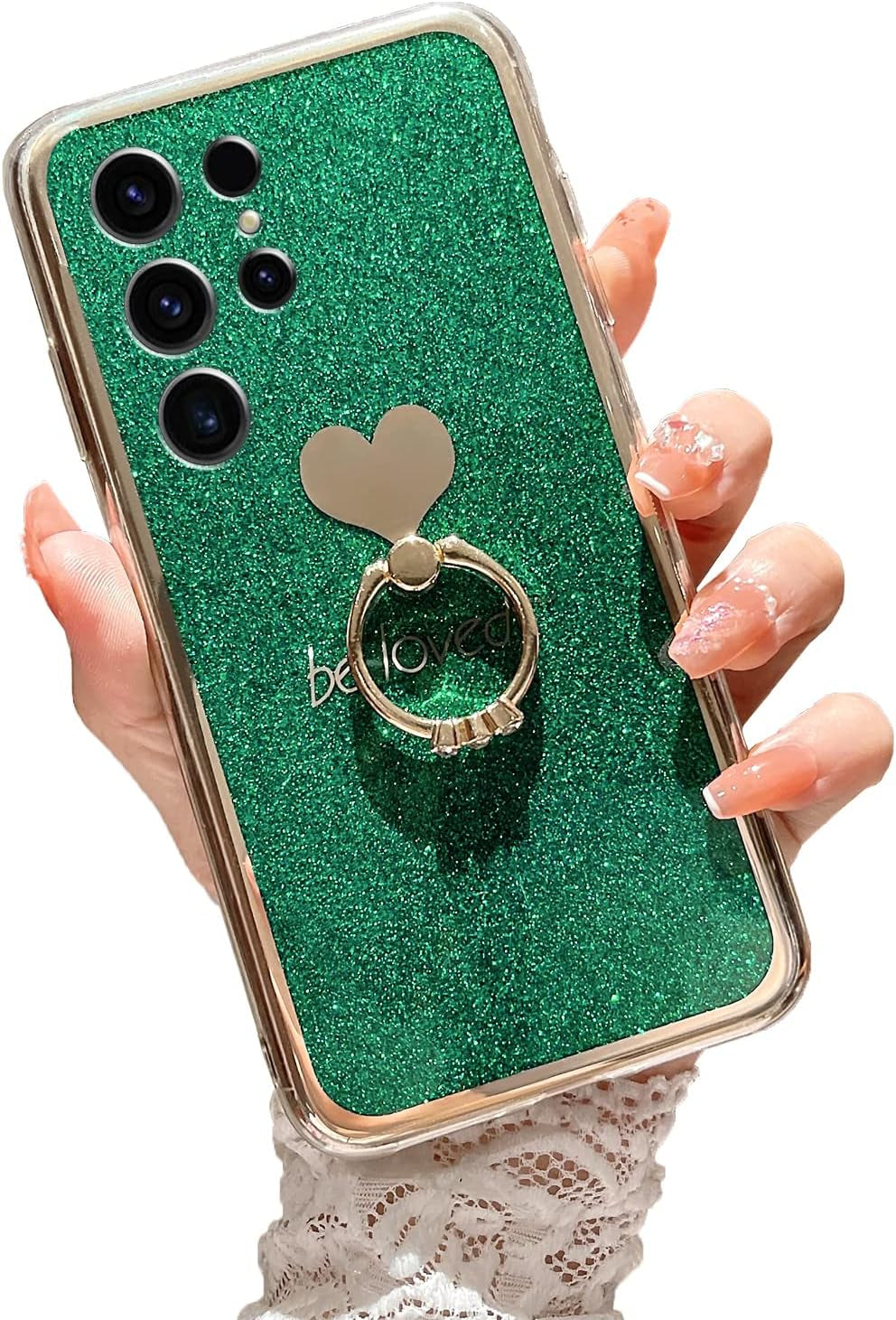 For Samsung Galaxy S22 Ultra Case (6.8-Inch) with Ring Kickstand Girls Woman Cute Glitter Slim Soft Silicone Bumper Shockproof Drop Protective Cover - Green