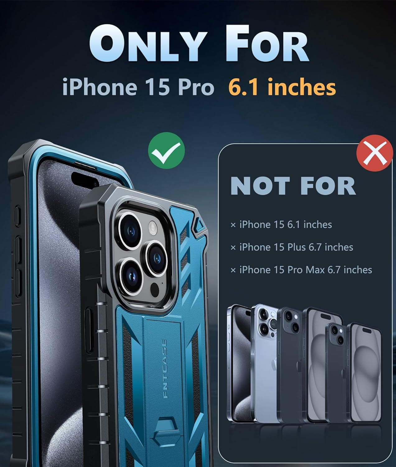 FNTCASE for Iphone 15 Pro Case: Military Grade Drop Proof Rugged Protective Cell Phone Cover with Kickstand & Built-In Protector | Matte Textured Shockproof TPU Hybrid Bumper Cases (Blue)  FNTCASE   
