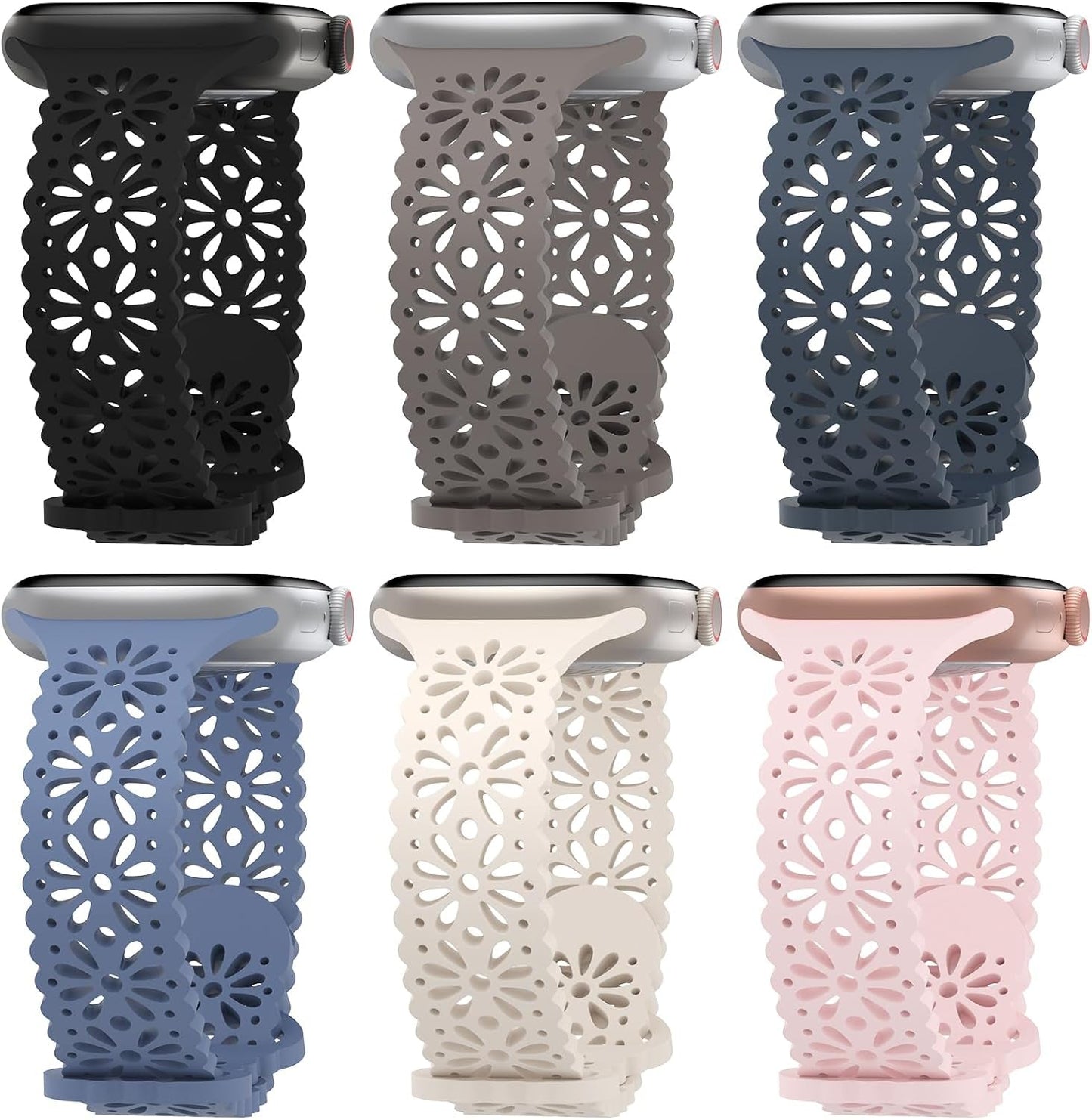 6 Pack Lace Hollow-Out Silicone Bands Compatible with Apple Watch 38Mm 40Mm 41Mm 42Mm 44Mm 45Mm 49Mm, Slim Thin Sport Strap Wristbands for Iwatch Ultra/Ultra 2 SE Series 9/8/7/6/5/4/3/2/1 Women Girls