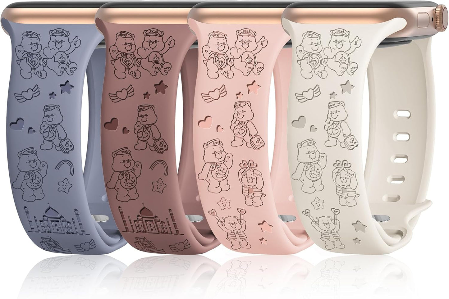 4 Pack Cartoon Engraved Bands Compatible with Apple Watch Band 40Mm 41Mm 38Mm 42Mm 44Mm 45Mm 49Mm Women,Soft Silicone Cute Designer Strap for Iwatch Bands Series SE 8 6 5 4 3 2 1 Ultra