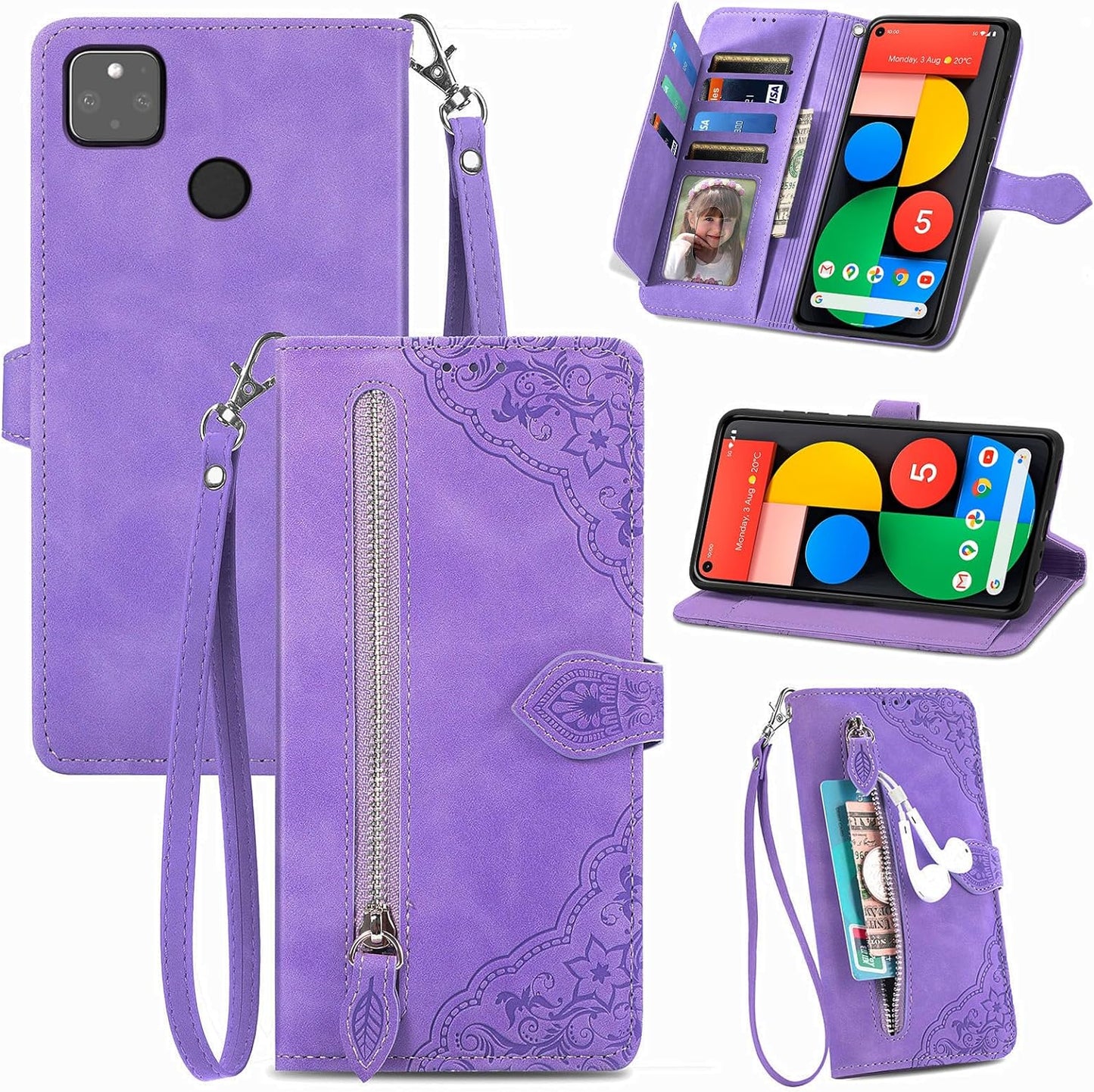 Compatible with Google Pixel 5 Wallet Case with Wrist Strap Lanyard PU Leather Flip Folio Case Card Holder Stand Cell Accessories Phone Cover for Pixel5 5G Pixle Five G5 Women Purple  Furiet Purple  