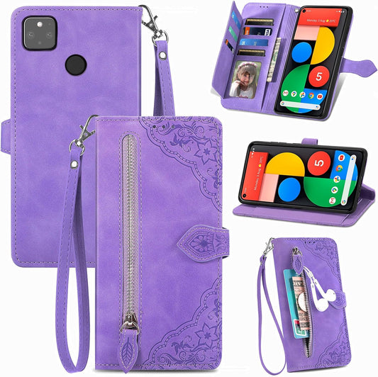 Compatible with Google Pixel 5 Wallet Case with Wrist Strap Lanyard PU Leather Flip Folio Case Card Holder Stand Cell Accessories Phone Cover for Pixel5 5G Pixle Five G5 Women Purple  Furiet Purple  