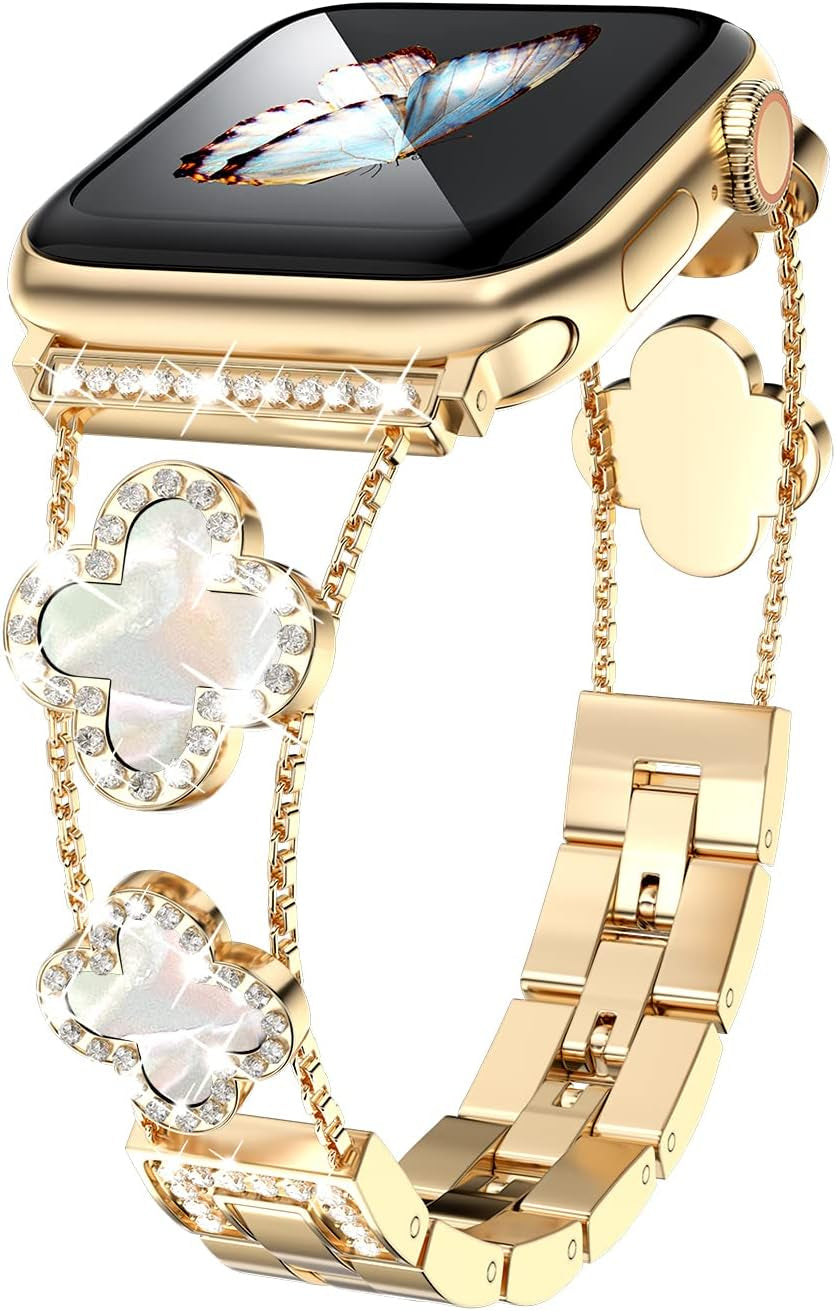 Diamond Metal Band Adds Sparkle to Your Watch - Compatible with Apple Watch Series 8/7/6/5/4/3/2/1Se/Ultra - Clover Is Simple and Stylish, Fits Women'S Sizes 38Mm 40Mm 41Mm 42Mm 44Mm 45Mm 49Mm.(Gold/Black, 42Mm/44Mm/45Mm)