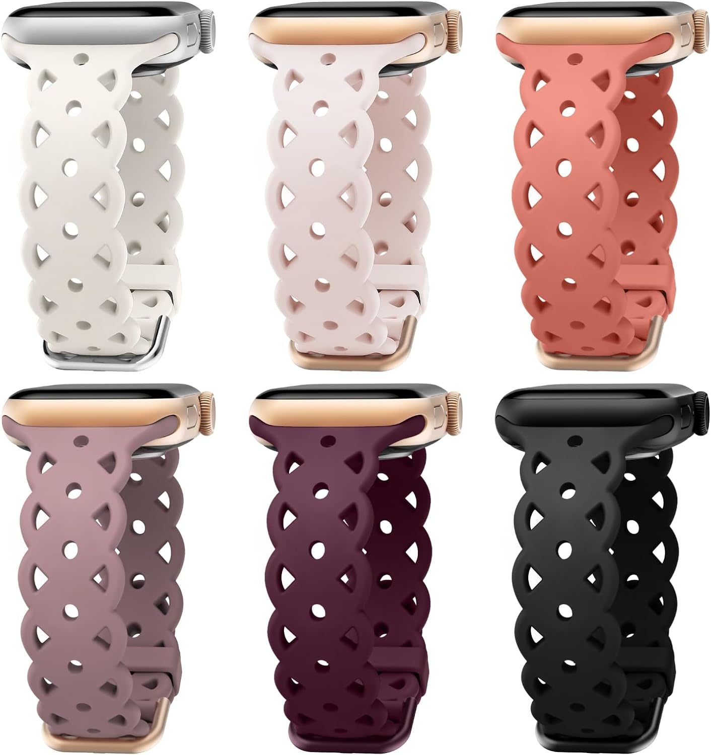 6-Pack Lace Silicone Bands Compatible with Apple Watch Bands 38Mm 40Mm 41Mm Women, Floral Engraved Cute Silicone Strap for Iwatch Series 9 8 7 6 5 4 3 2 1 Ultra SE