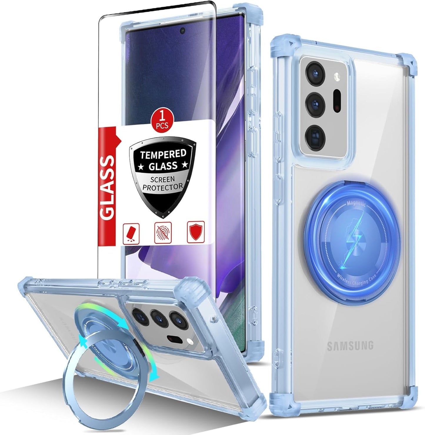 For Samsung Galaxy S22 Ultra Case Magnetic Compatible with Magsafe Galaxy S22Ultra Case with Glass Screen Protector,With Kickstand Military Grade Drop Protection Shockproof S22Ultra Case Clear