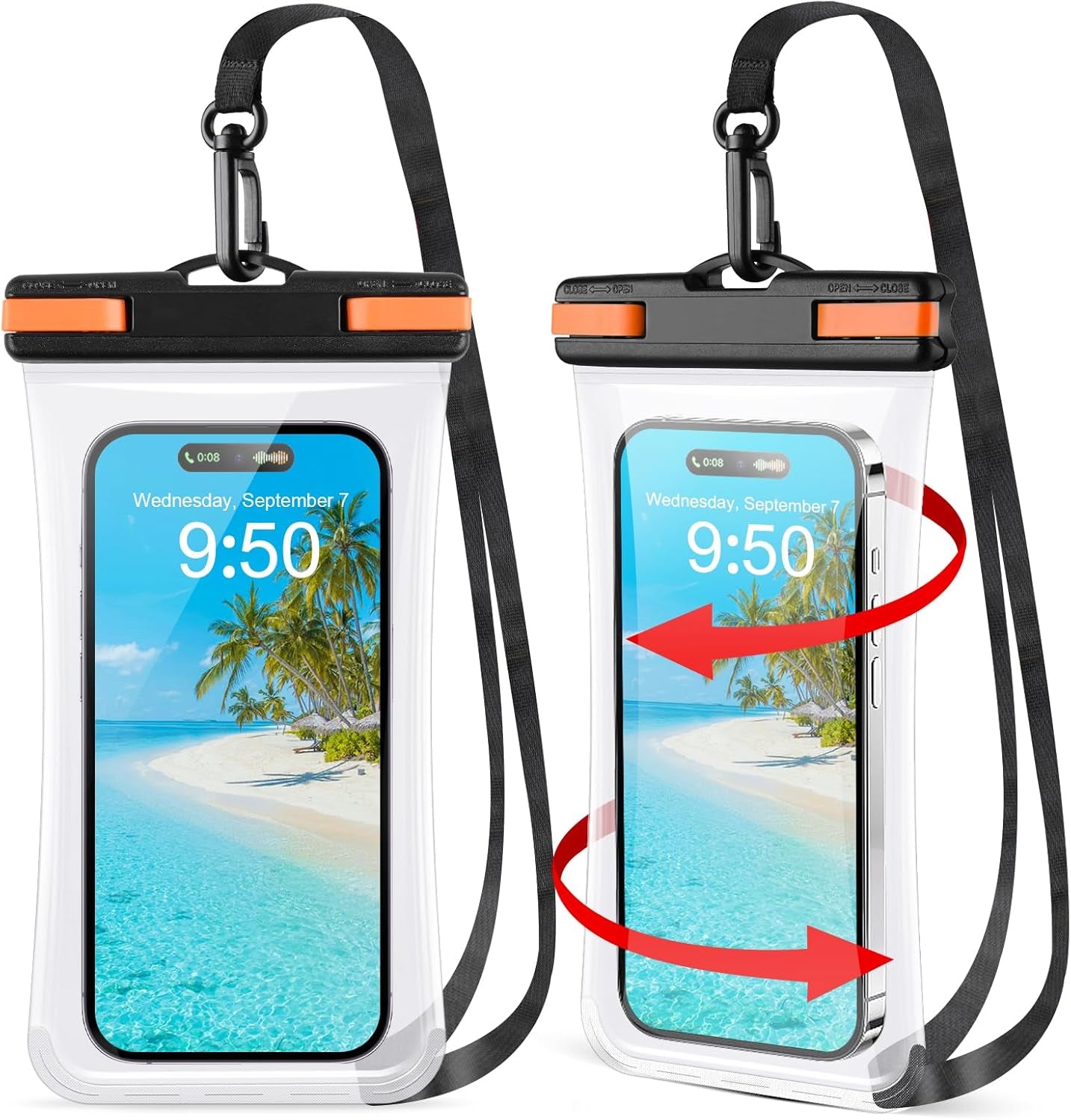2 Pack Waterproof Phone Pouch, Waterproof Phone Case for Iphone 15 Pro Max Plus, Galaxy S24 S23 S22, Pixel 8A 7A up to 7.2", Underwater Dry Bag Beach Vacation, Black & Black