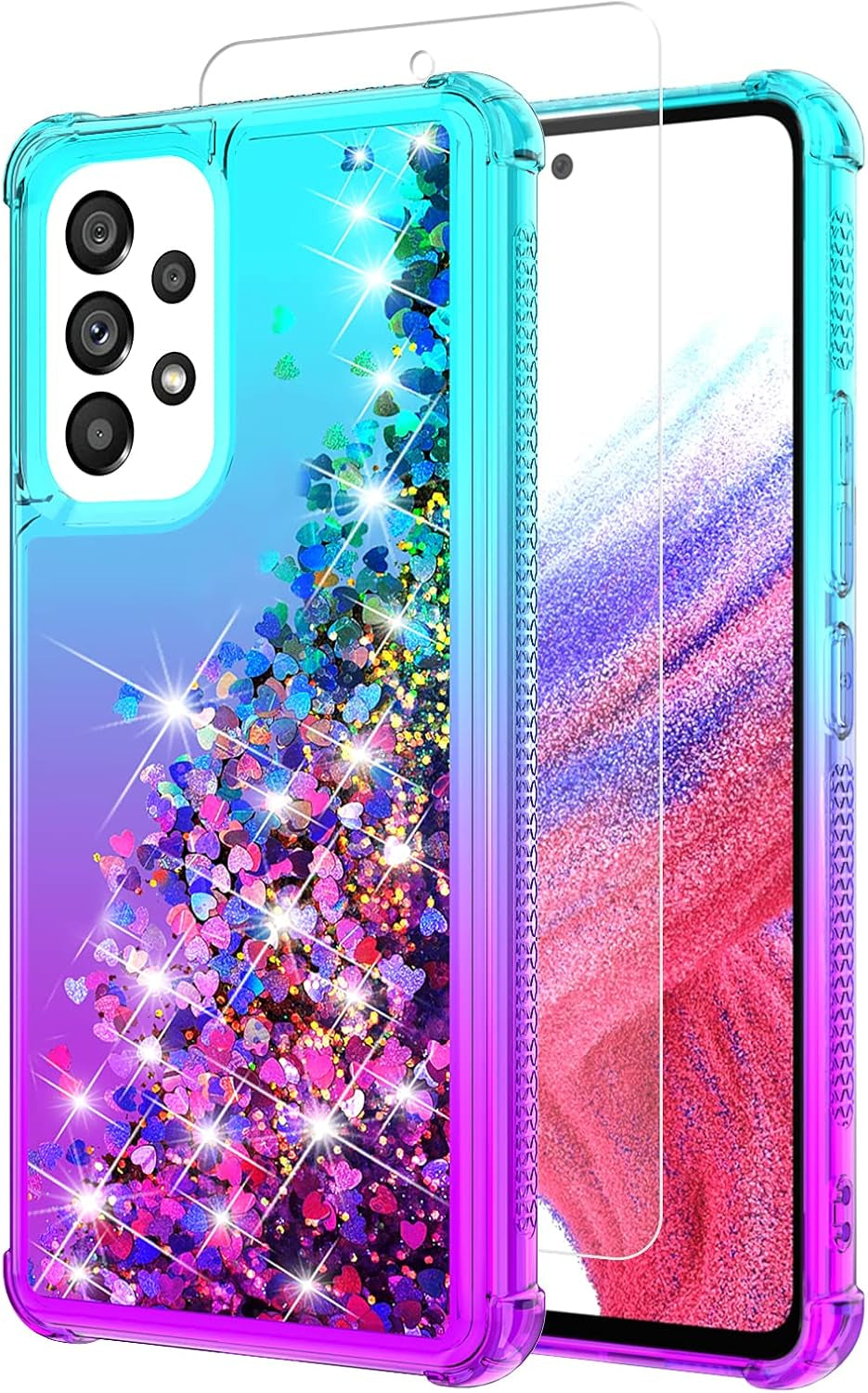 For Galaxy A53 Case,Samsung A53 5G Case with HD Screen Protector,Gradient Quicksand Glitter Liquid Floating Waterfall Durable Girls Cute Phone Case for Samsung Galaxy A53 5G (Teal/Purple)
