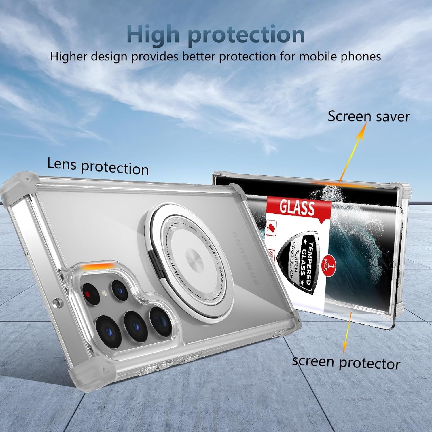 For Samsung Galaxy S22 Ultra Case Magnetic Compatible with Magsafe Galaxy S22Ultra Case with Glass Screen Protector,With Kickstand Military Grade Drop Protection Shockproof S22Ultra Case Clear