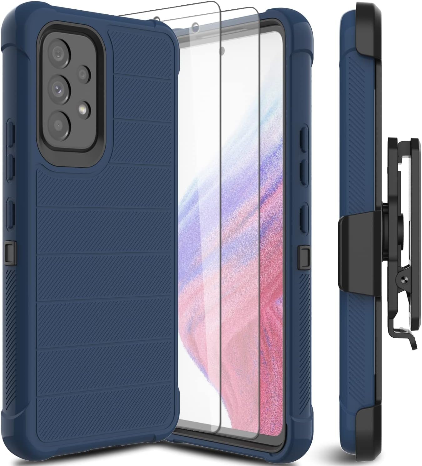 For Samsung Galaxy A53 5G Phone Case with Glass Screen Protector, [Holster Series] Belt Clip Protective Hard Tough Full Heavy Duty Rugged Military Shockproof Armor Cell Phone Cover (Black)