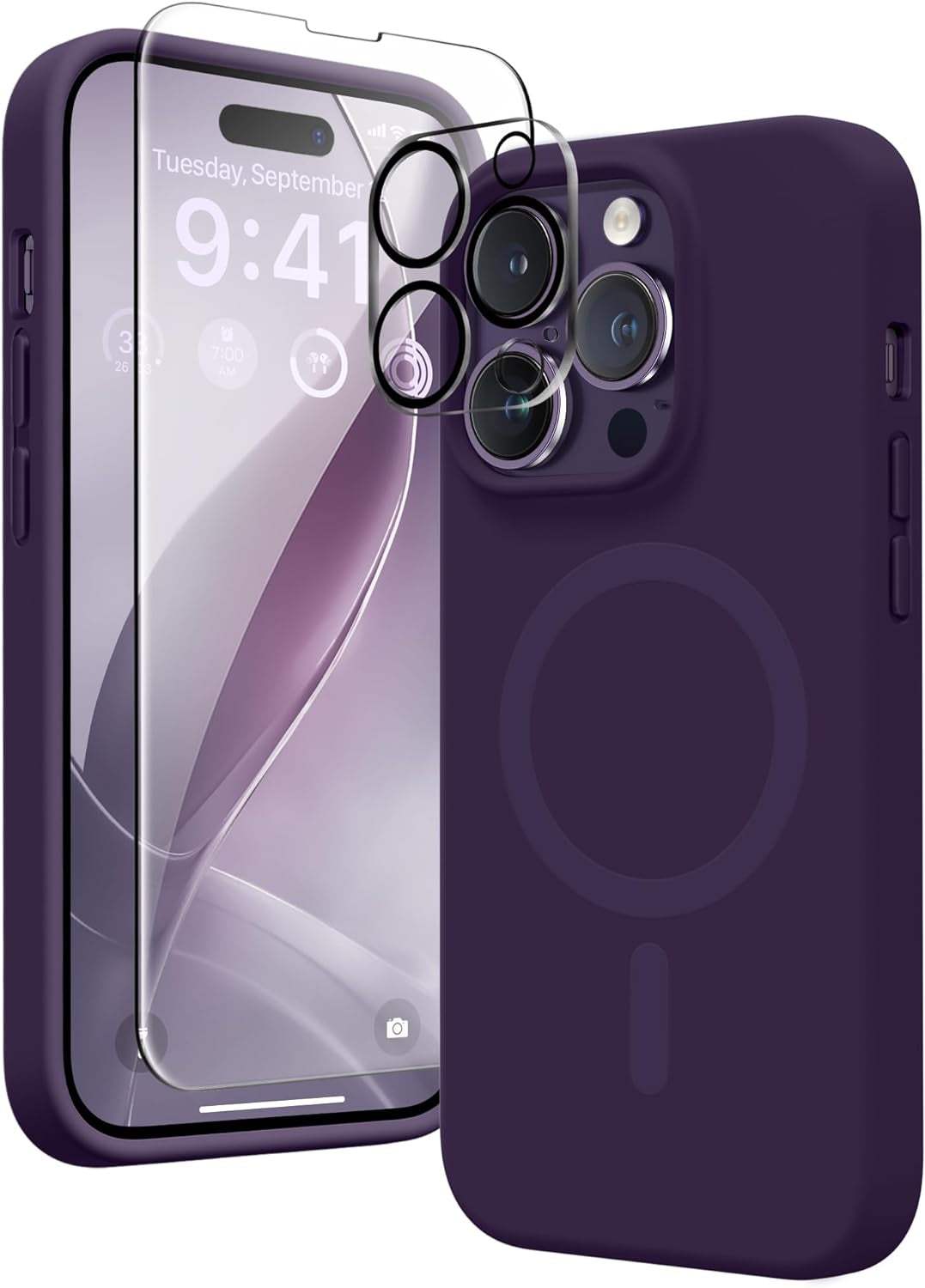 GONEZ for Iphone 14 Pro Max Case Silicone, Compatible with Magsafe, with 2X Screen Protector + 2X Camera Lens Protector, Liquid Silicone Shockproof Protective Iphone 14 Promax Case, Blue  GONEZ Deep Purple-Ring  