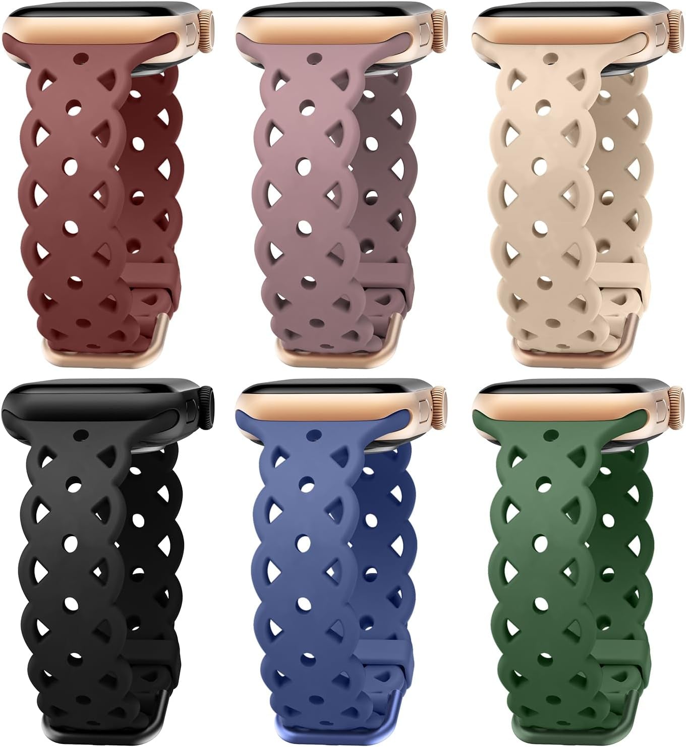 6-Pack Lace Silicone Bands Compatible with Apple Watch Bands 38Mm 40Mm 41Mm Women, Floral Engraved Cute Silicone Strap for Iwatch Series 9 8 7 6 5 4 3 2 1 Ultra SE