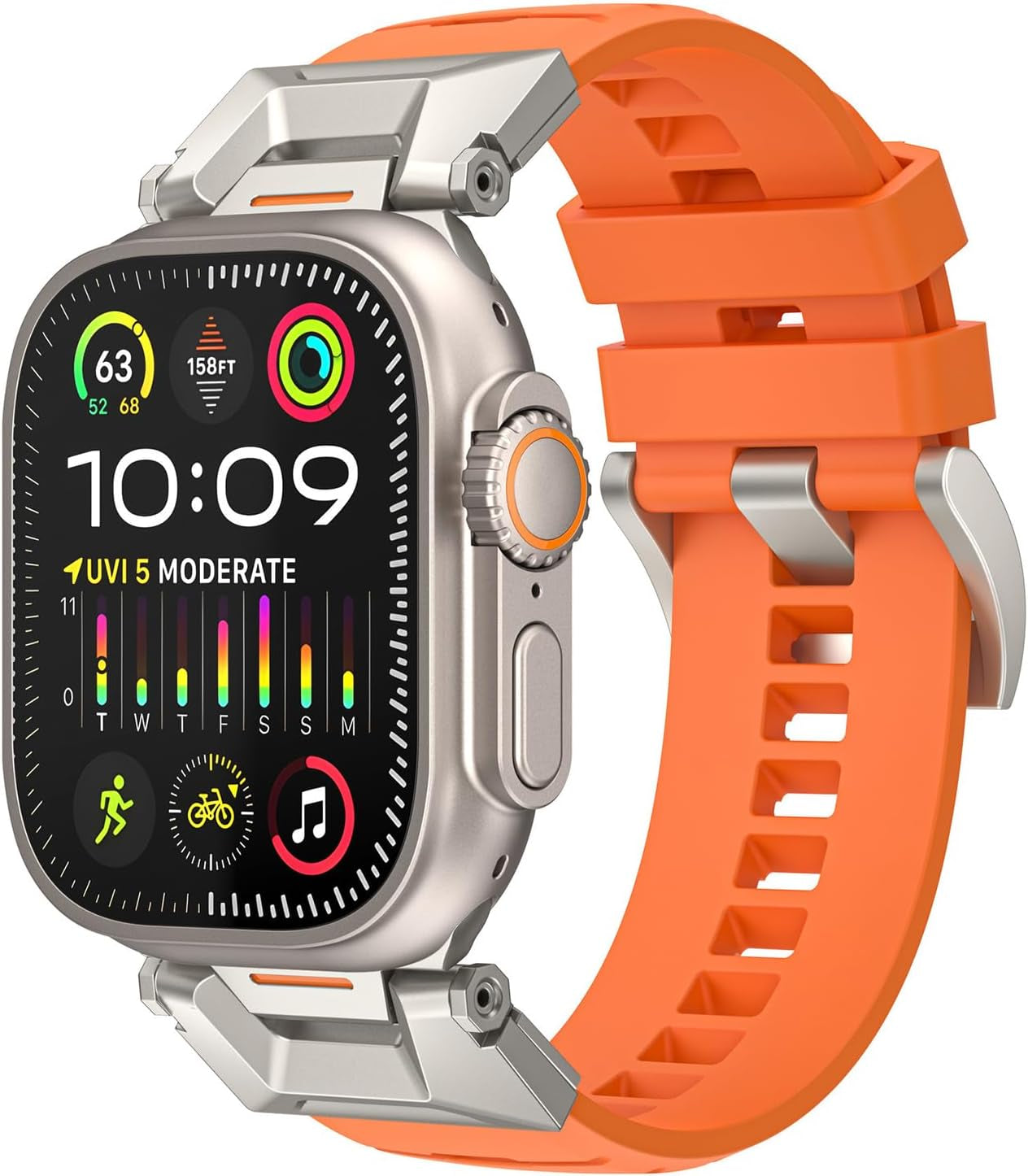 Fluororubber Sport Watch Band Compatible with Apple Watch Ultra 2/Ultra Band 49Mm 45Mm 44Mm 42Mm for Men, Rugged Strap with Stainless Steel Metal Connector for Watch Ultra Series SE 9 8 7 6 5 4 3