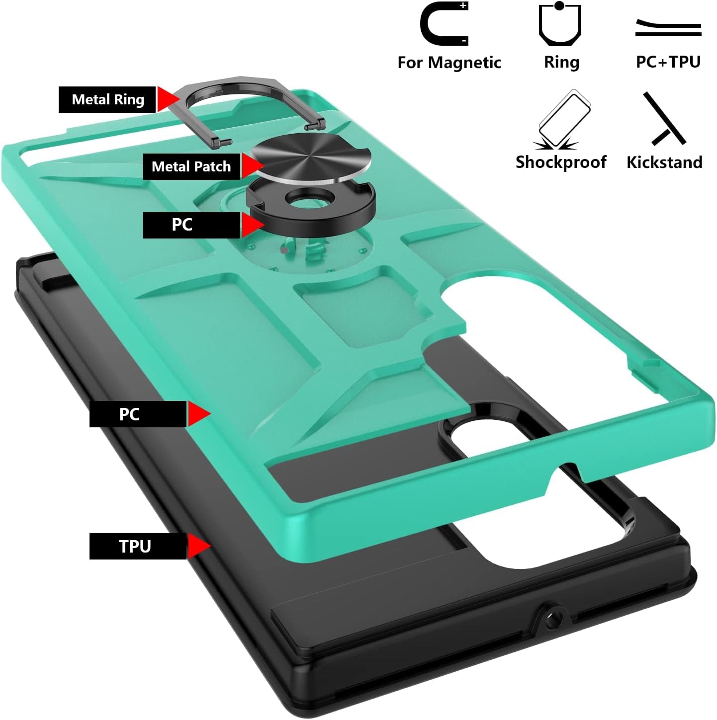 For Samsung Galaxy S22 Ultra Case with Screen Protector, 360 Rotate Ring Kickstand [Work with Magnetic Car Mount], Military Grade Shockproof Phone Case for Samsung S22 Ultra 6.8 Inch, Turquoise