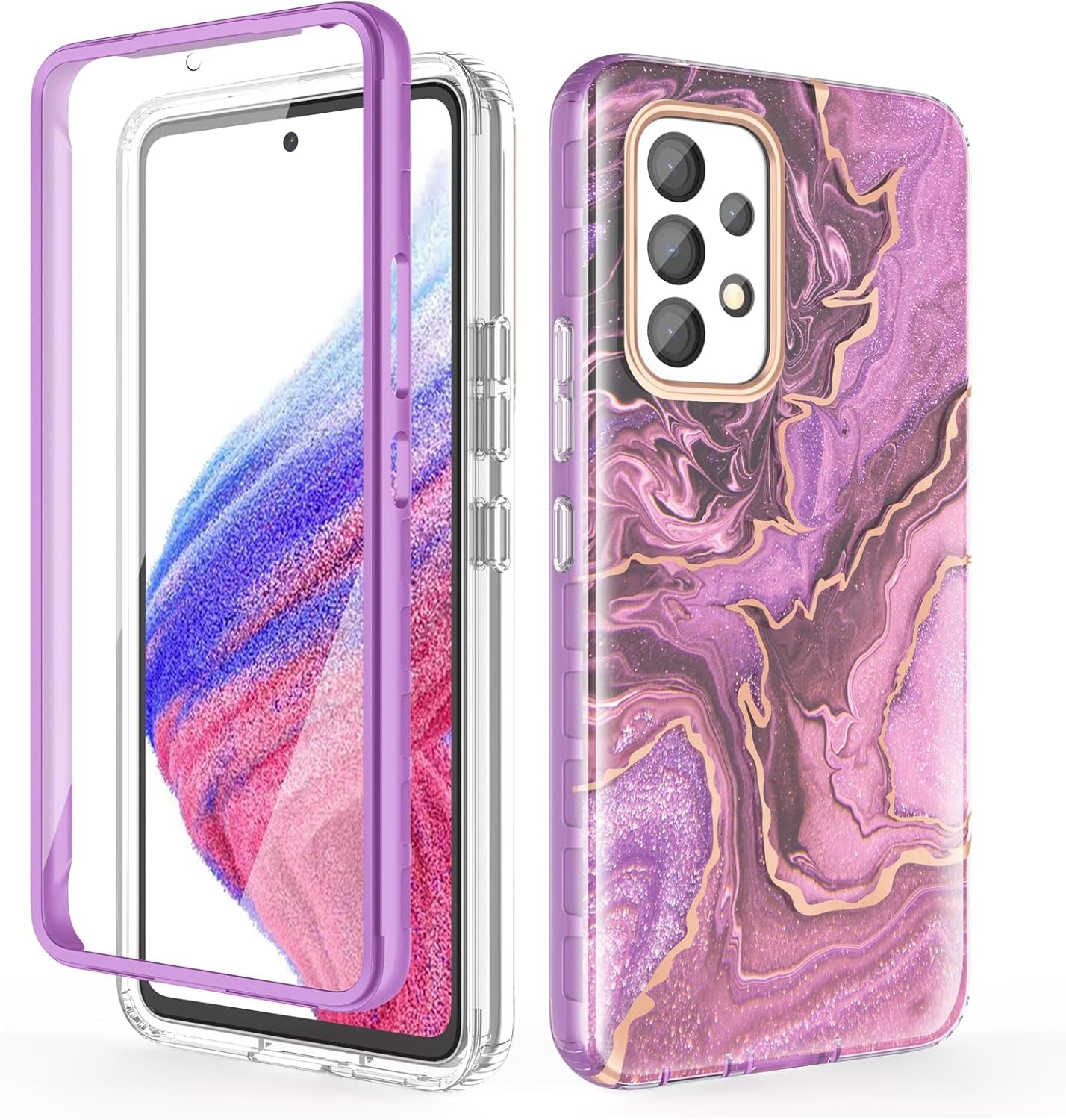 Case Compatible with Samsung Galaxy A53 5G (2022 Released), Marble Stylish Slim Soft TPU, Full Body Protective with Built-In Screen Protector, Shockproof Cover for A53, Black & Pink