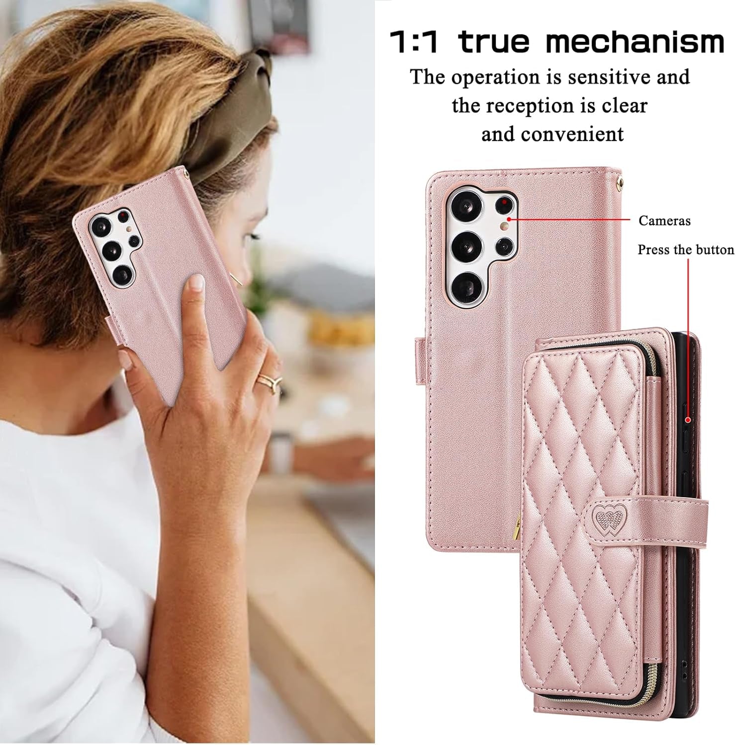 Furiet Wallet Case for Samsung Galaxy S22 Ultra 5G with Detachable Wrist Strap, 9+ Card Slots Zipper Purse, Luxury PU Leather Stand Full Body Phone Cover for S22Ultra 22S S 22 S22Ultra5G 6.8 Rose Gold