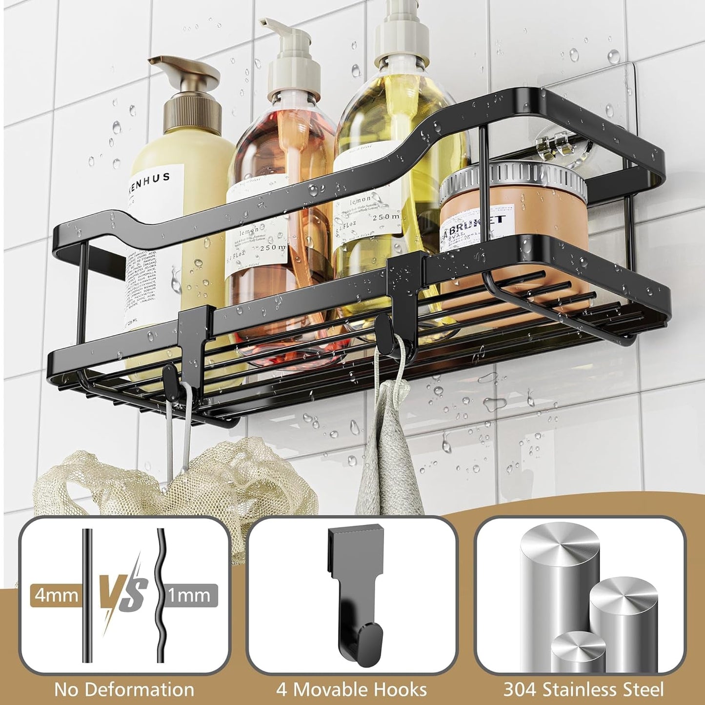 OMAIRA Shower Caddy, 2-Pack Adhesive Shower Organizer, No Drilling Rustproof 304 Stainless Steel Shower Shelves for inside Shower & Bathroom Organizer, Matte Black(X-Large)  OMAIRA   