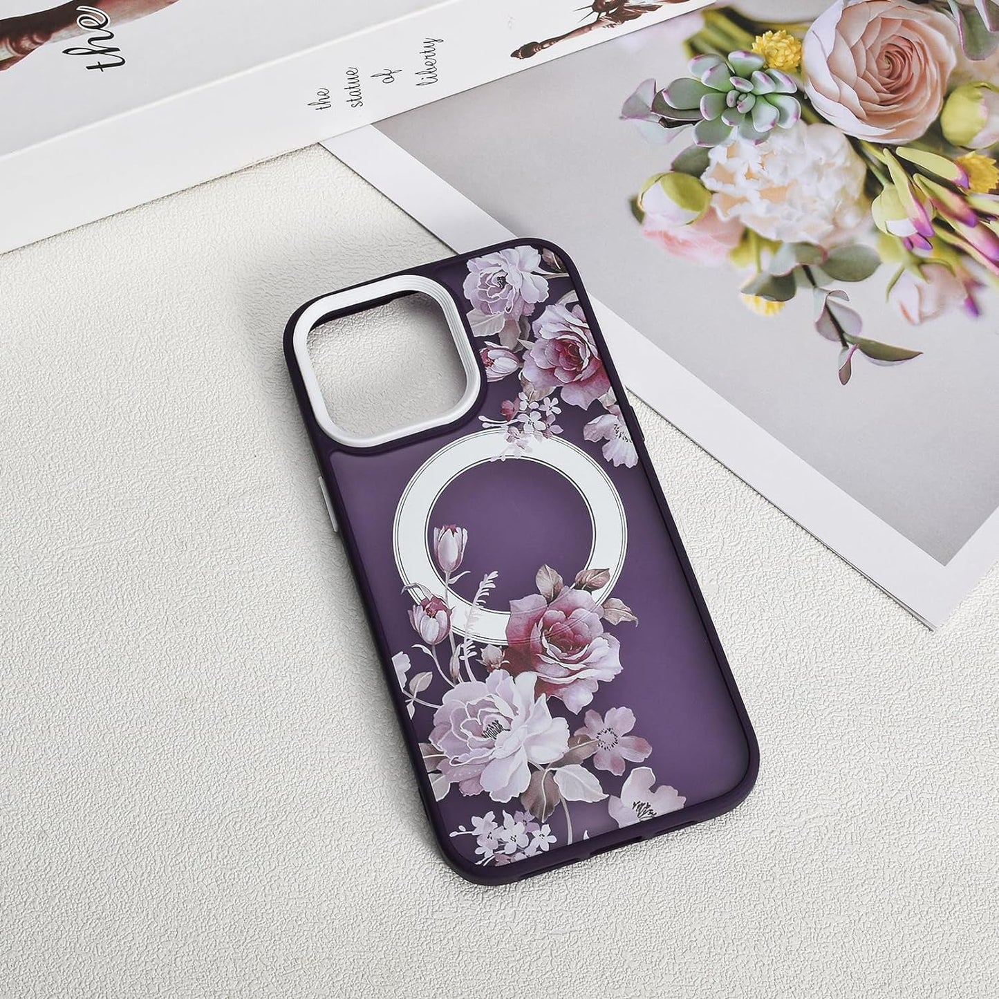 Eiyikof Compatible with Iphone 15 Pro Magnetic Matte Translucent Case [Luxury Shockproof Magsafe Case] [Cute Flower Pattern Hard Back Cover] Iphone 15 Pro Case for Women Girls-Purple Floral  Eiyikof   