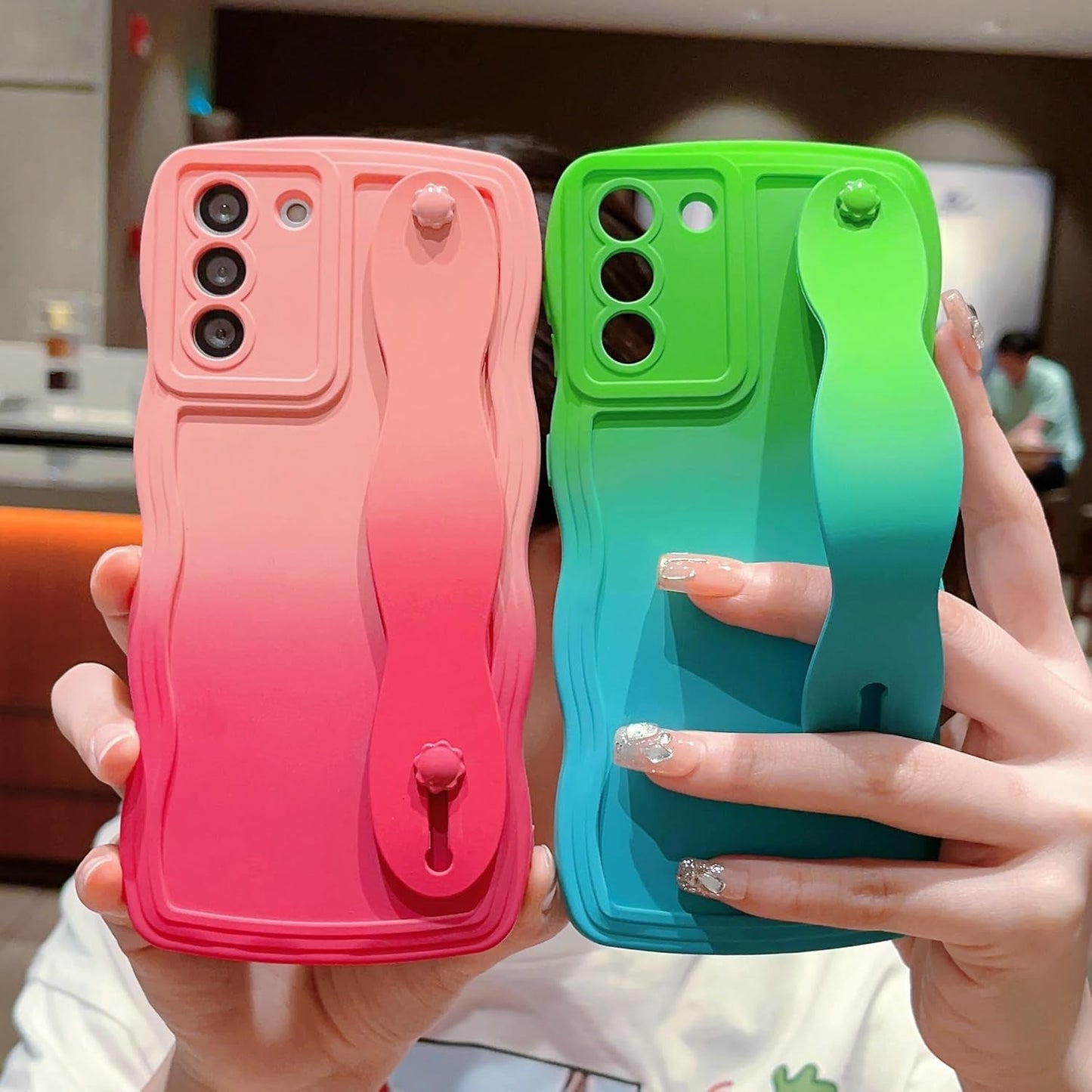 For Samsung Galaxy S22 plus Case with Wrist Strap Stand, Gradient Color Cute Wavy Curly Camera Lens Cover Soft Silicone Samsung S22+ Phone Case Cover 6.6" for Women Men (Hot Pink)