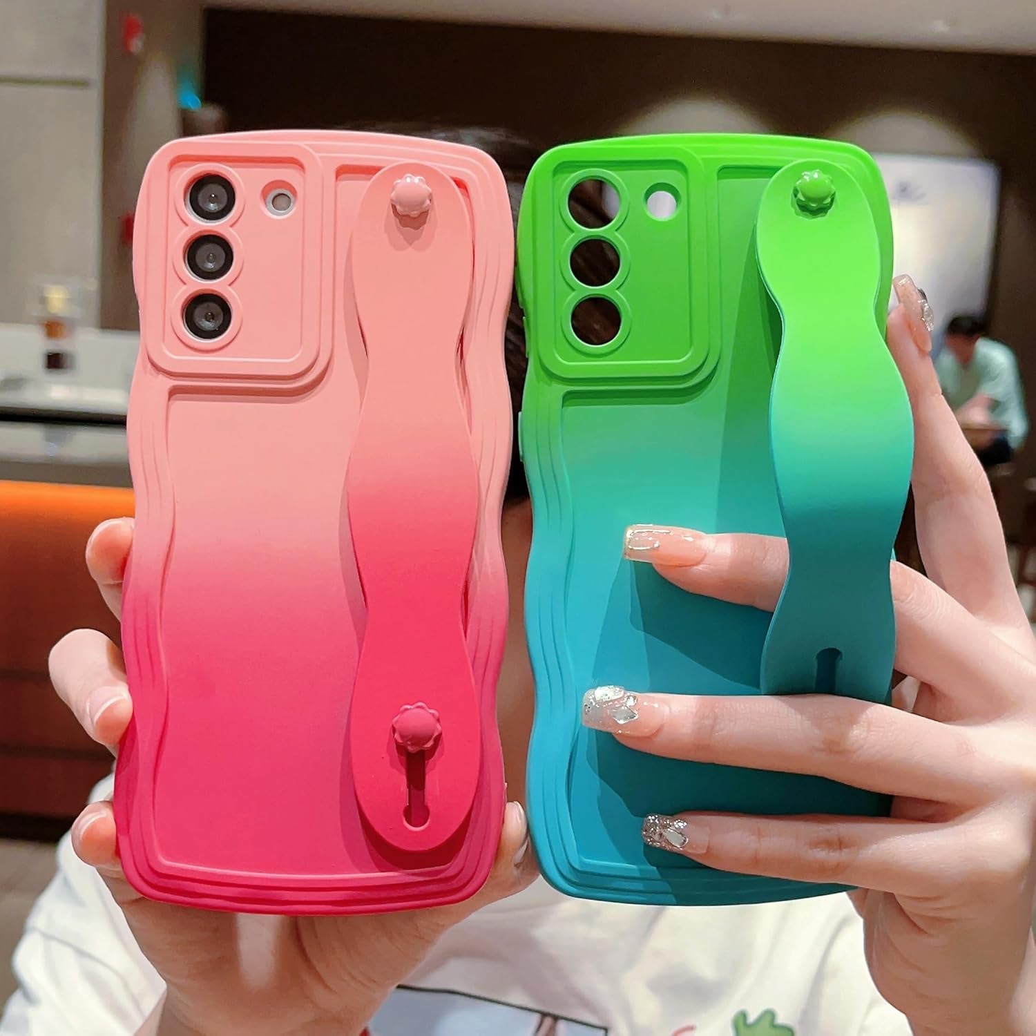 For Samsung Galaxy S22 plus Case with Wrist Strap Stand, Gradient Color Cute Wavy Curly Camera Lens Cover Soft Silicone Samsung S22+ Phone Case Cover 6.6" for Women Men (Hot Pink)
