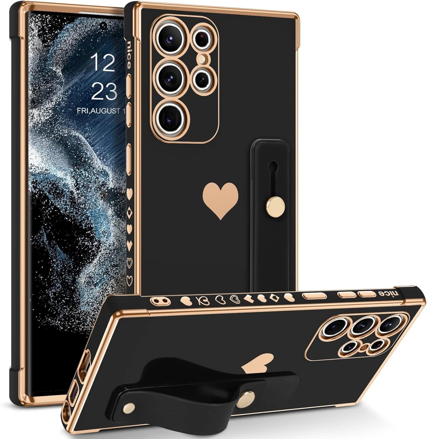 BENTOBEN Galaxy S22 Ultra Case,Slim Luxury Heart Design Plated Soft Bumper Women Men Girl Protective Case Cover with Strap for Samsung Galaxy S22 Ultra 6.8 Inch,Pink/Gold