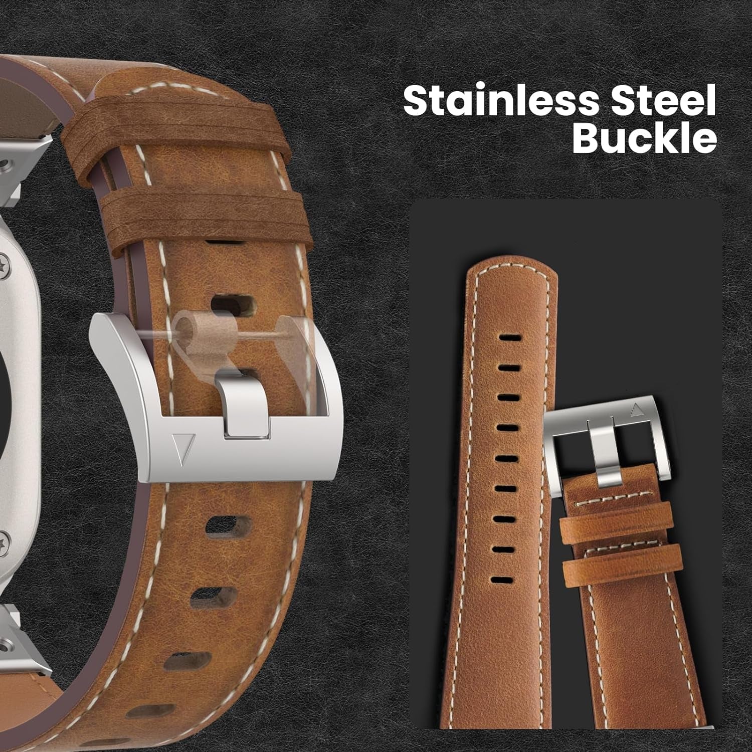 Genuine Leather Band Compatible with Apple Watch Ultra 2/Ultra Band 49Mm 45Mm 44Mm 42Mm for Men Women, Rugged Strap with Stainless Steel Connectors for Iwatch Ultra Series SE 9 8 7 6 5 4 3