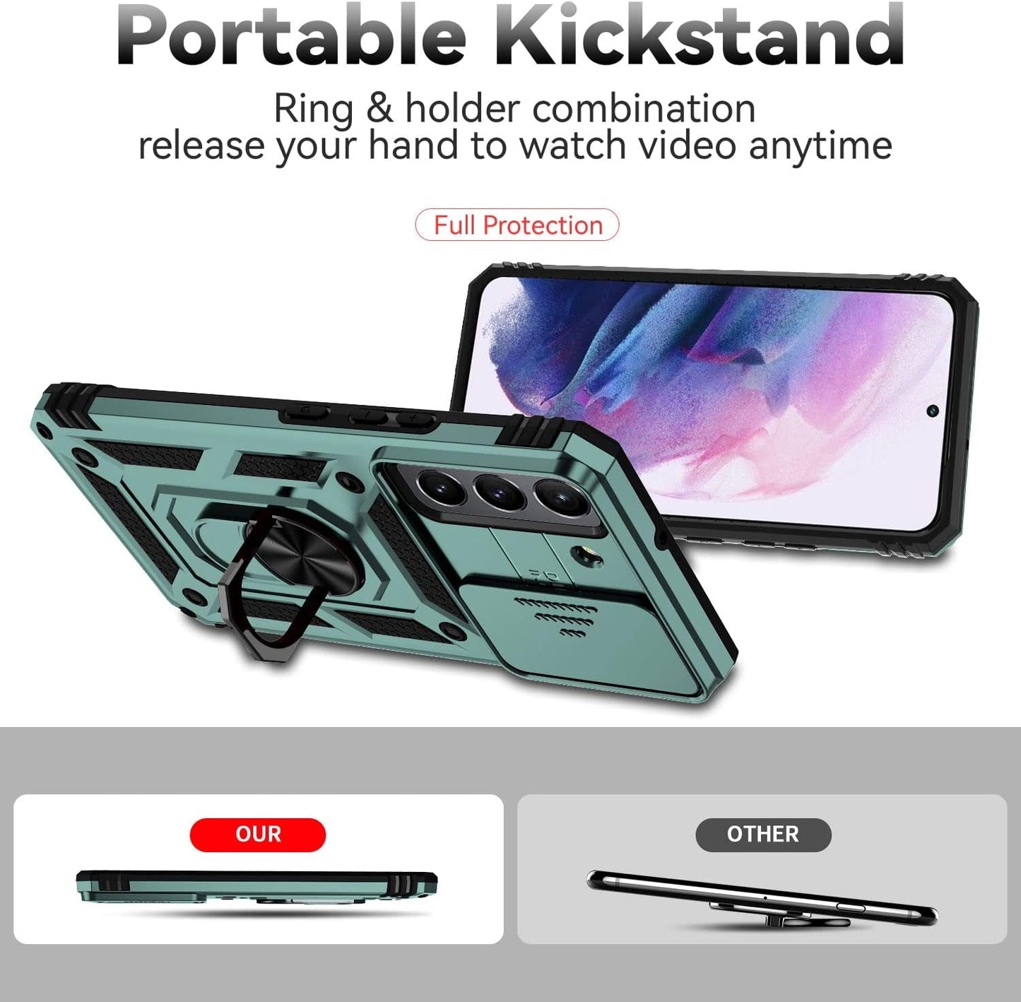 For Samsung Galaxy S22 plus Case,With Camera Lens Cover HD Screen Protector,[Military Grade] Ring Car Mount Kickstand Hybrid Hard PC Soft TPU Shockproof Protective Case for Galaxy S22 Plus, Green