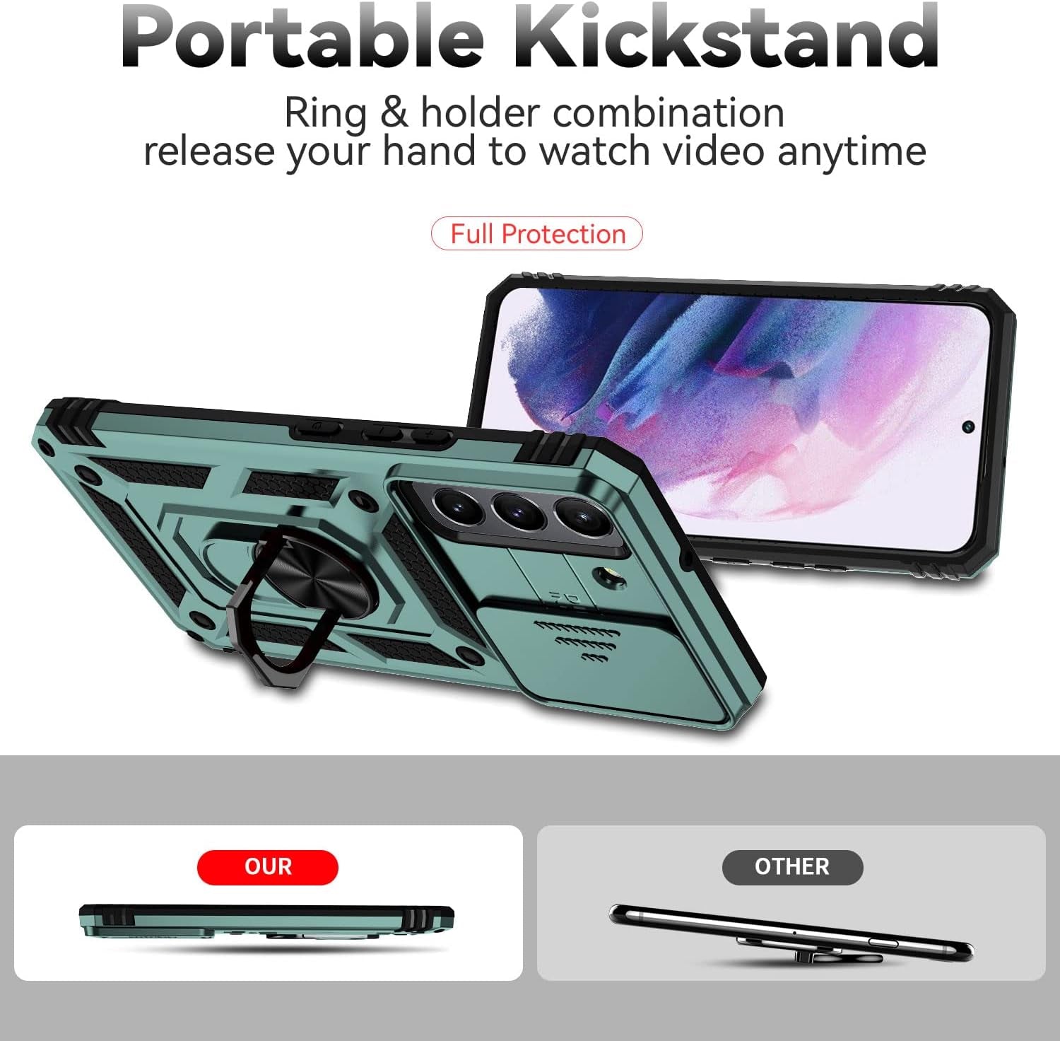 For Samsung Galaxy S22 plus Case,With Camera Lens Cover HD Screen Protector,[Military Grade] Ring Car Mount Kickstand Hybrid Hard PC Soft TPU Shockproof Protective Case for Galaxy S22 Plus, Green