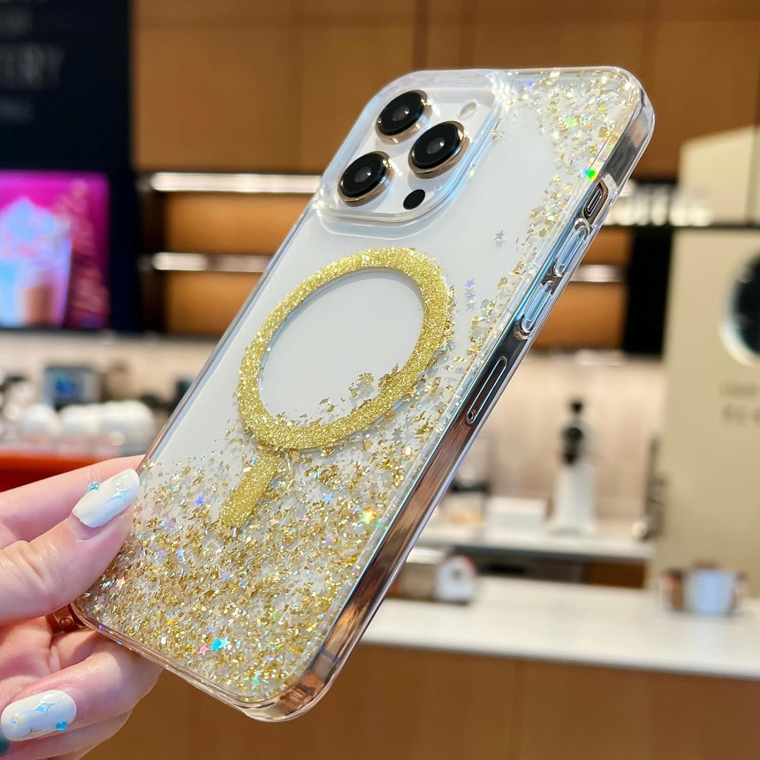 ASONCE Cute Glitter for Iphone 14 Pro Max Case [Compatible with Magsafe] Magnetic Cover with Bling Star for Women Girls [12FT Drop Protection] - Sparkly Gold  Hiwuton   