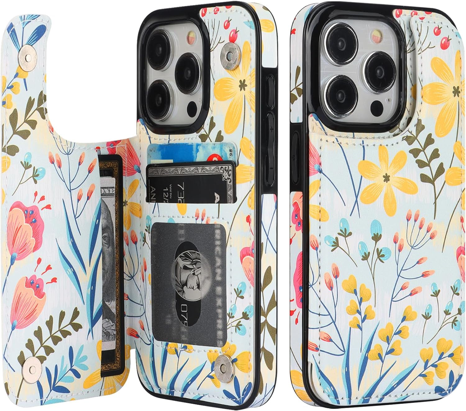 HAOPINSH for Iphone 15 Pro Wallet Case with Card Holder, Blooming Sunflowers Pattern Back Flip Folio PU Leather Kickstand Card Slots Case for Women Girls, Double Magnetic Clasp Cover 6.1"  HAOPINSH Floral Flower  