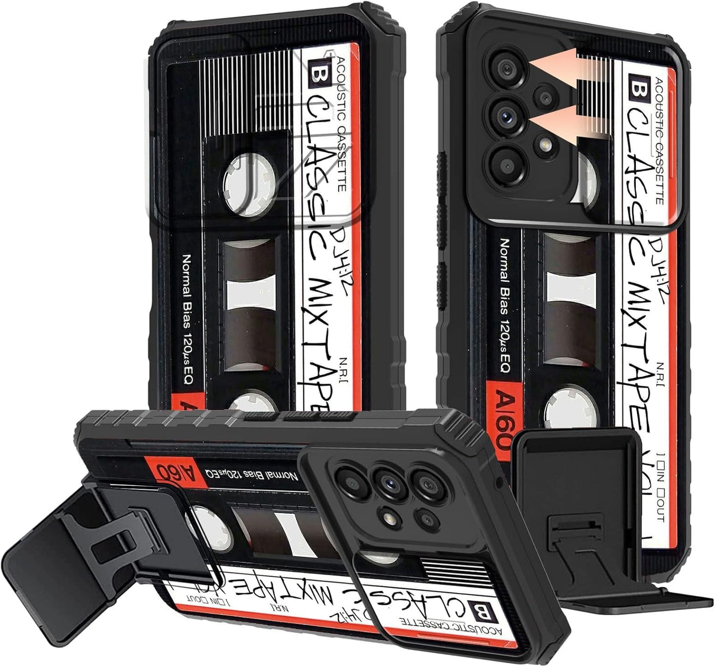 Galaxy A53 5G Phone Case with Slide Camera Cover Built-In Stand Kickstand Dual Layer Hybrid Shockproof Protective Case for Samsung Galaxy A53 5G, Retro Audio Cassette