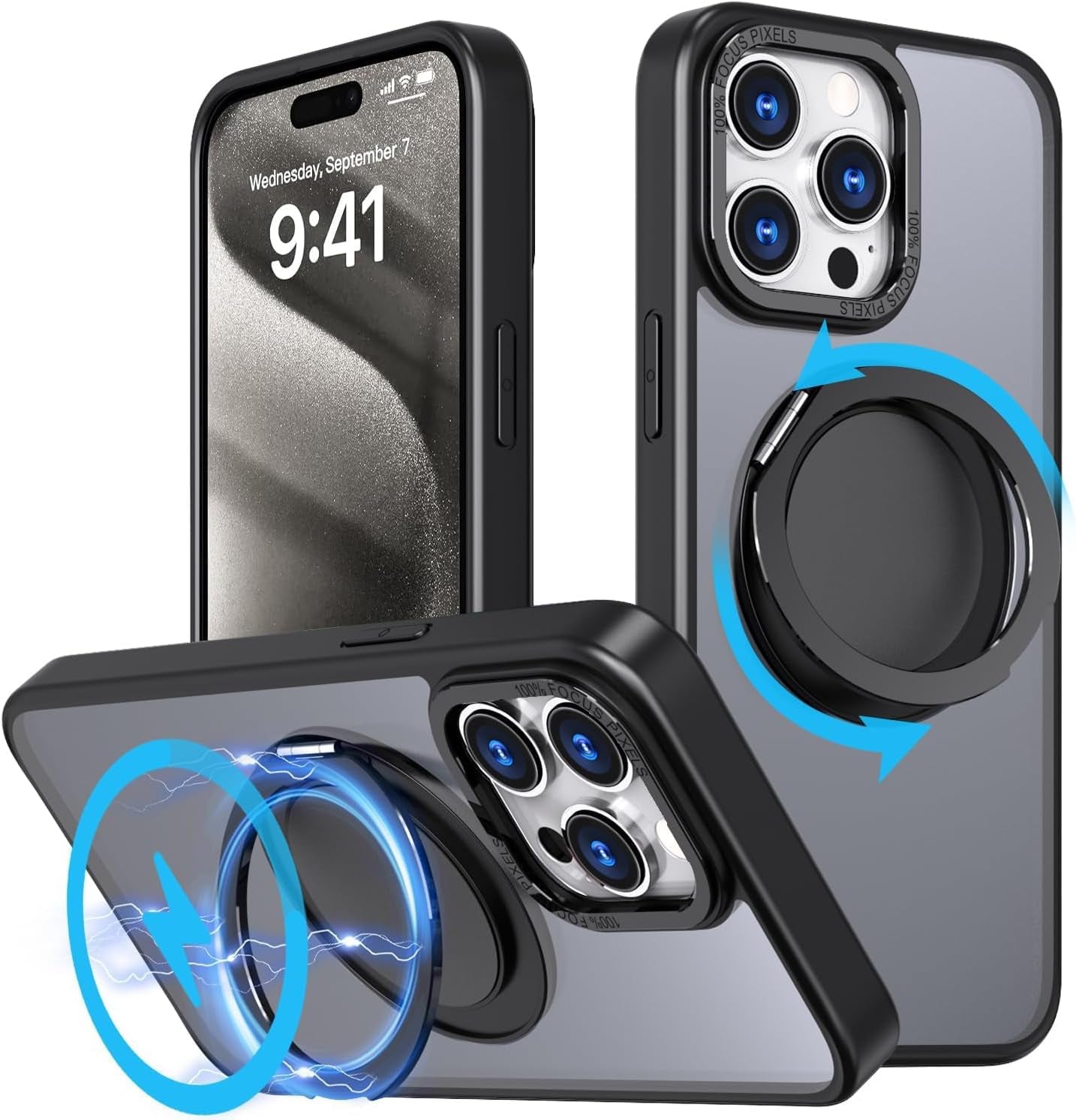 Mangix for Iphone 15 Pro Max Case,360° Rotatable & Invisible Magnetic Ring Stand Compatible with Magsafe, Anti-Fingerprint Protective Cover Translucent Back for Iphone 15 Promax Case (Black)  Mangix Black  