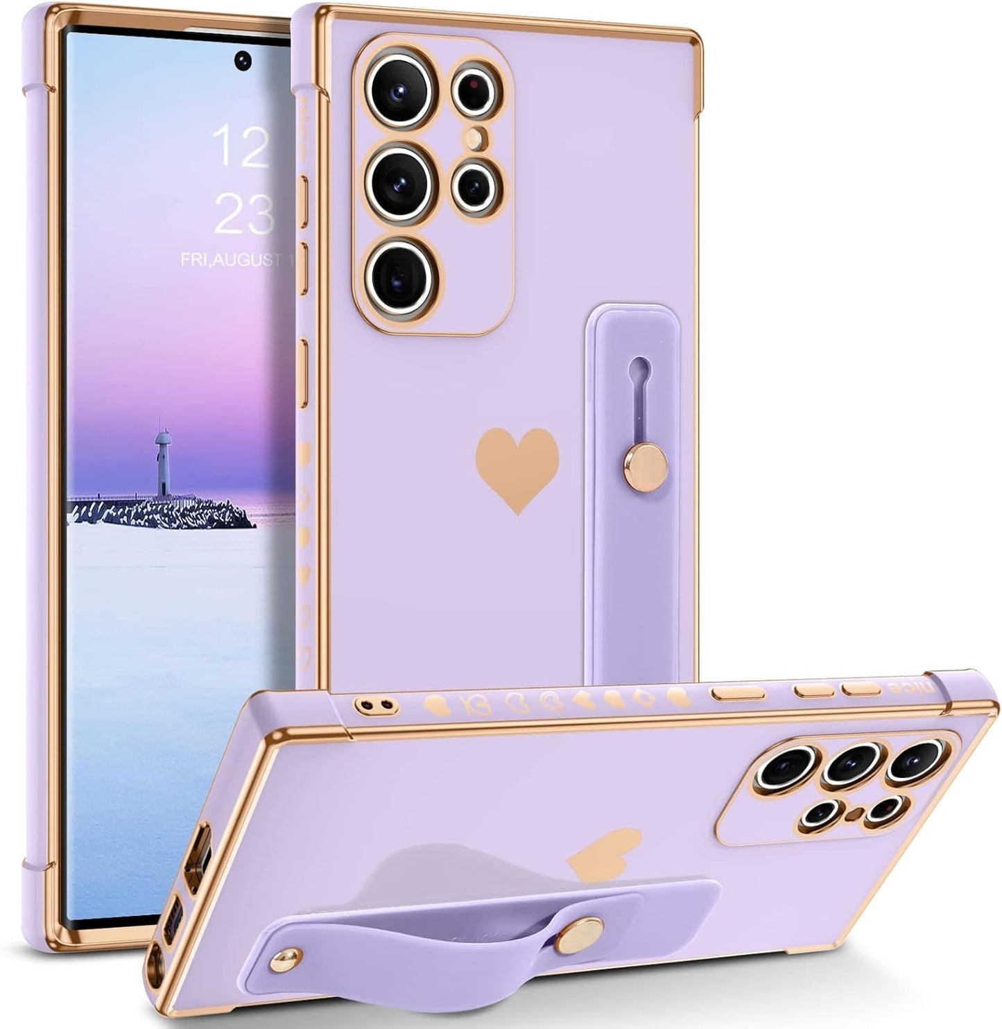 BENTOBEN Galaxy S22 Ultra Case,Slim Luxury Heart Design Plated Soft Bumper Women Men Girl Protective Case Cover with Strap for Samsung Galaxy S22 Ultra 6.8 Inch,Pink/Gold