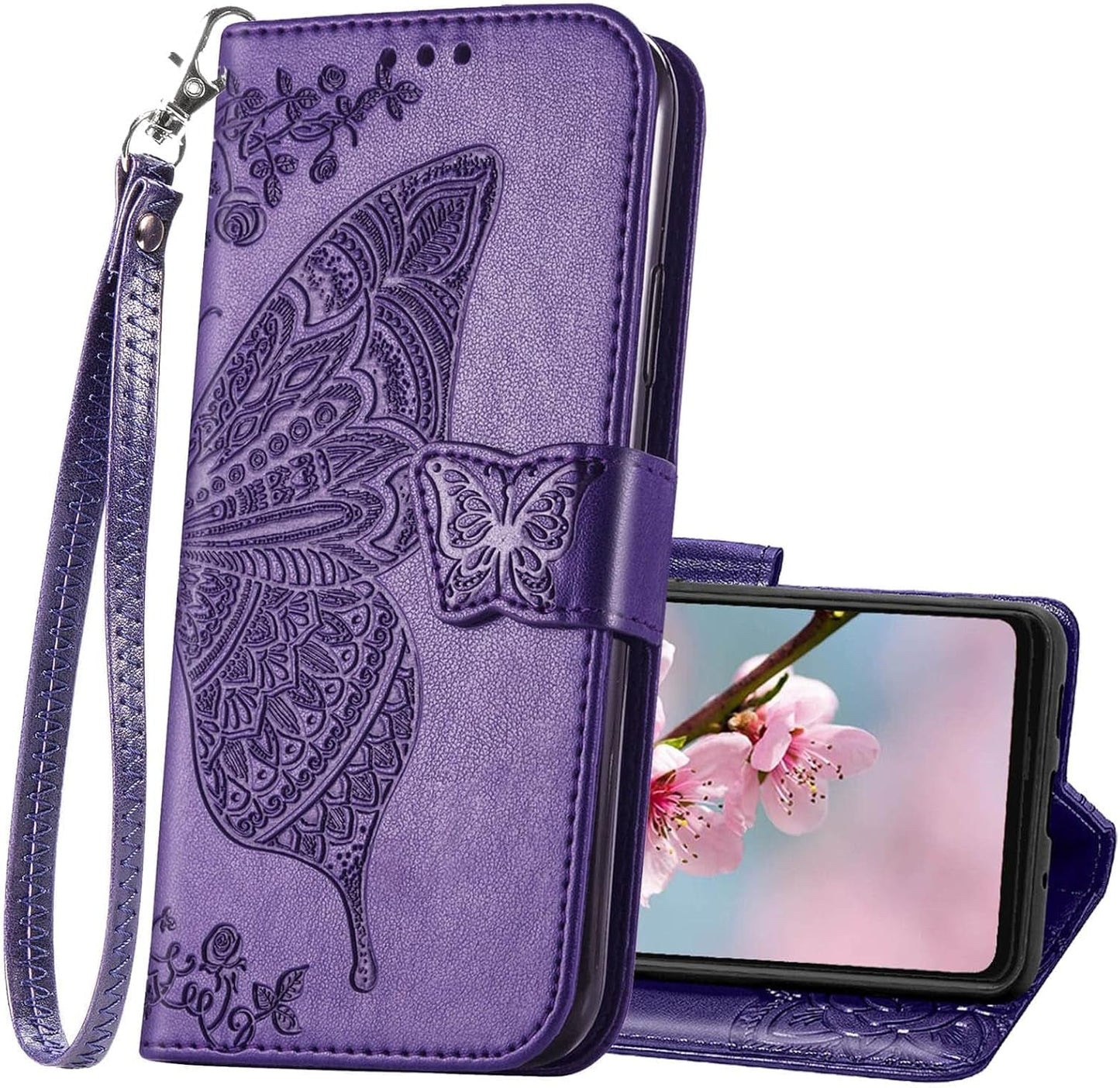 For Samsung Galaxy A53 5G Case Wallet,Women Flip Folio Cover with Butterfly Embossed PU Leather Credit Card Holder Slots Magnetic Wrist Strap Purse for Samsung A53 5G (Black)