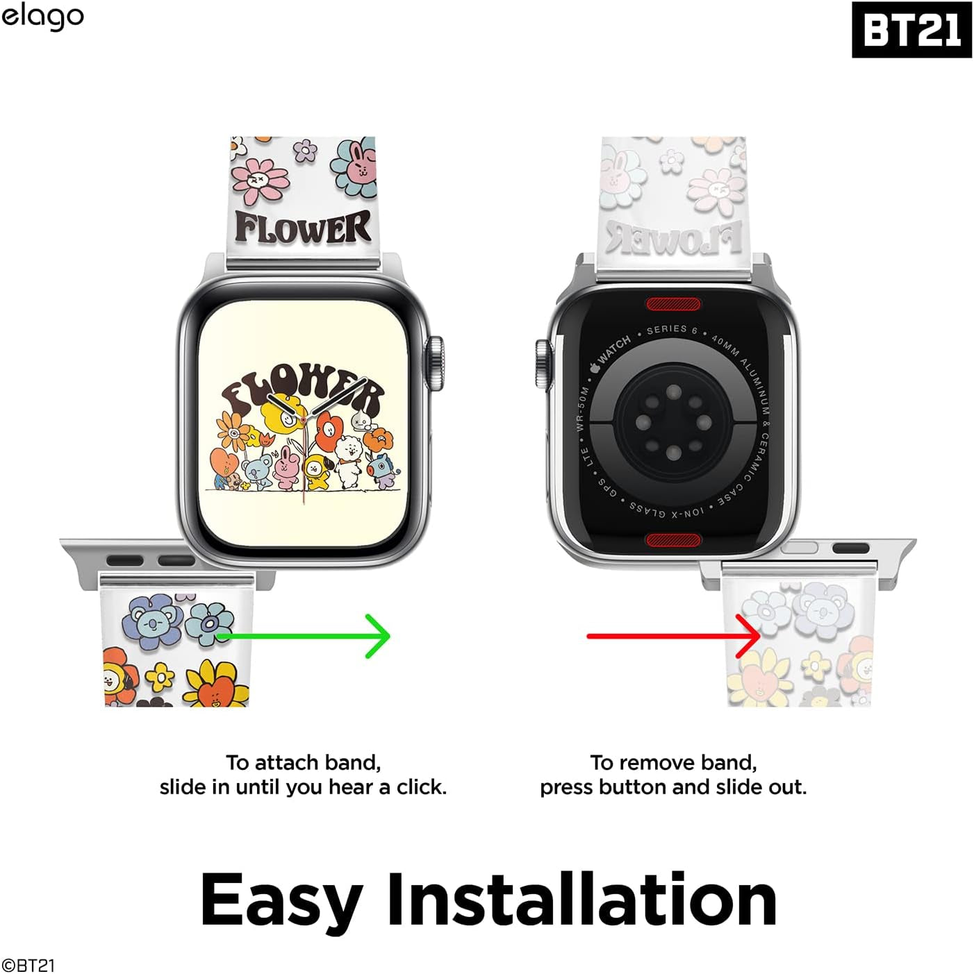 ElagoㅣBt21 FLOWER Band Compatible with Apple Watch Band 38Mm 40Mm 41Mm 42Mm 44Mm 45Mm 49Mm Compatible with Iwatch Series Ultra2/Ultra/Se/9/8/7/6/Se/5/4/3/2/1, Soft Protective Strap [Official Merchandise]
