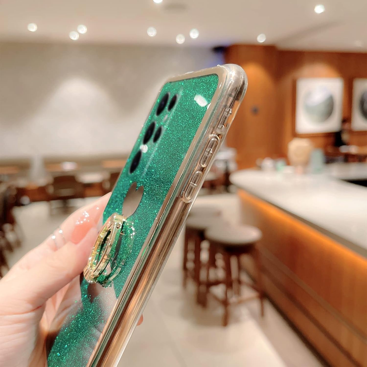 For Samsung Galaxy S22 Ultra Case (6.8-Inch) with Ring Kickstand Girls Woman Cute Glitter Slim Soft Silicone Bumper Shockproof Drop Protective Cover - Green
