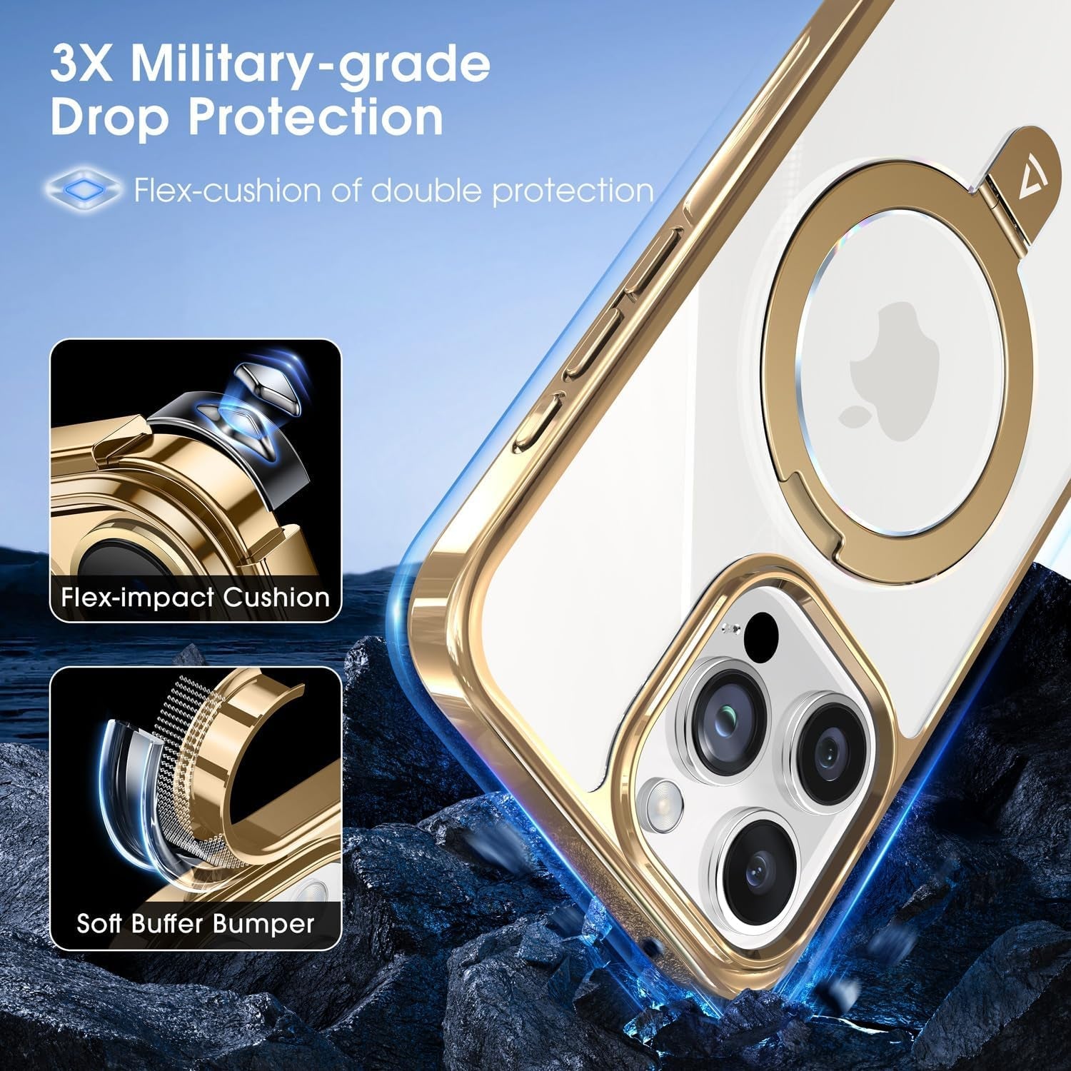 Alphex Titanium Stand for Magsafe Iphone 15 Pro Max Case, Polished Titanium Match for Iphone, 12FT Military Drop Protection, Shockproof Phone Ring Slim Cover 6.7 Inch, Gold  Alphex   