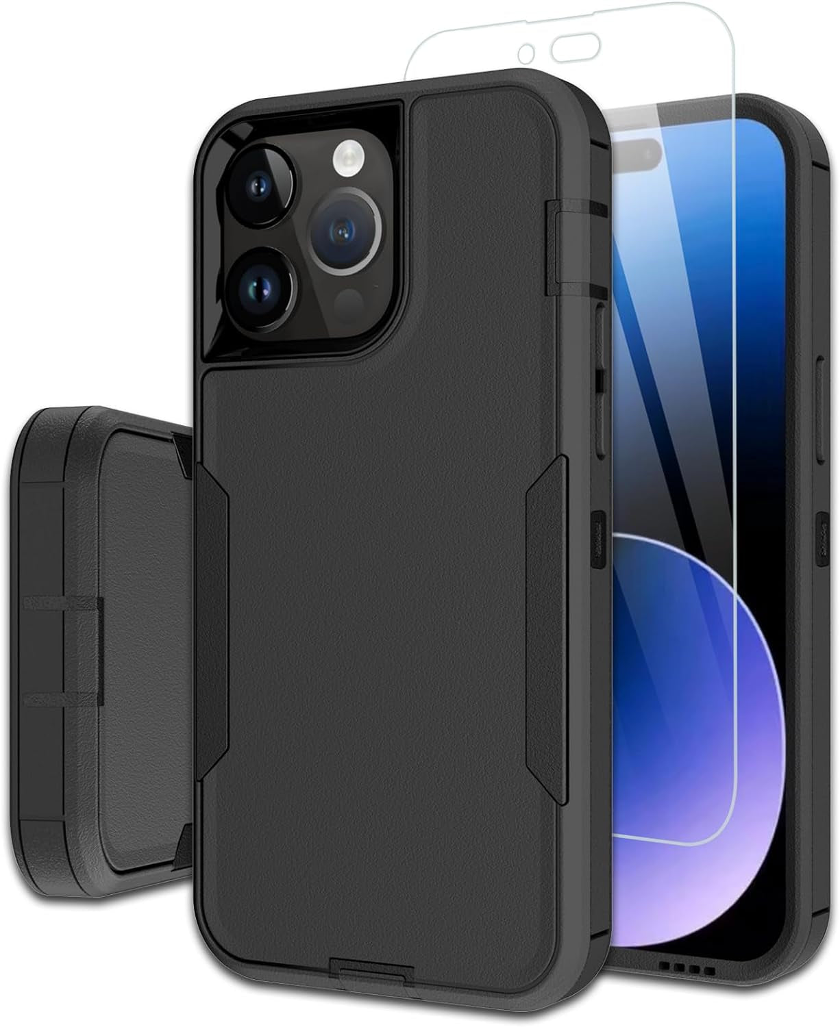 Dahkoiz for Iphone 15 Pro Phone Case, and Glass Screen Protector, Dust-Proof Port Cover, Full Body Non-Slip Rubber Covered, Wear-Resistant & Drop-Proof, Black/Black  UNISMART INC   