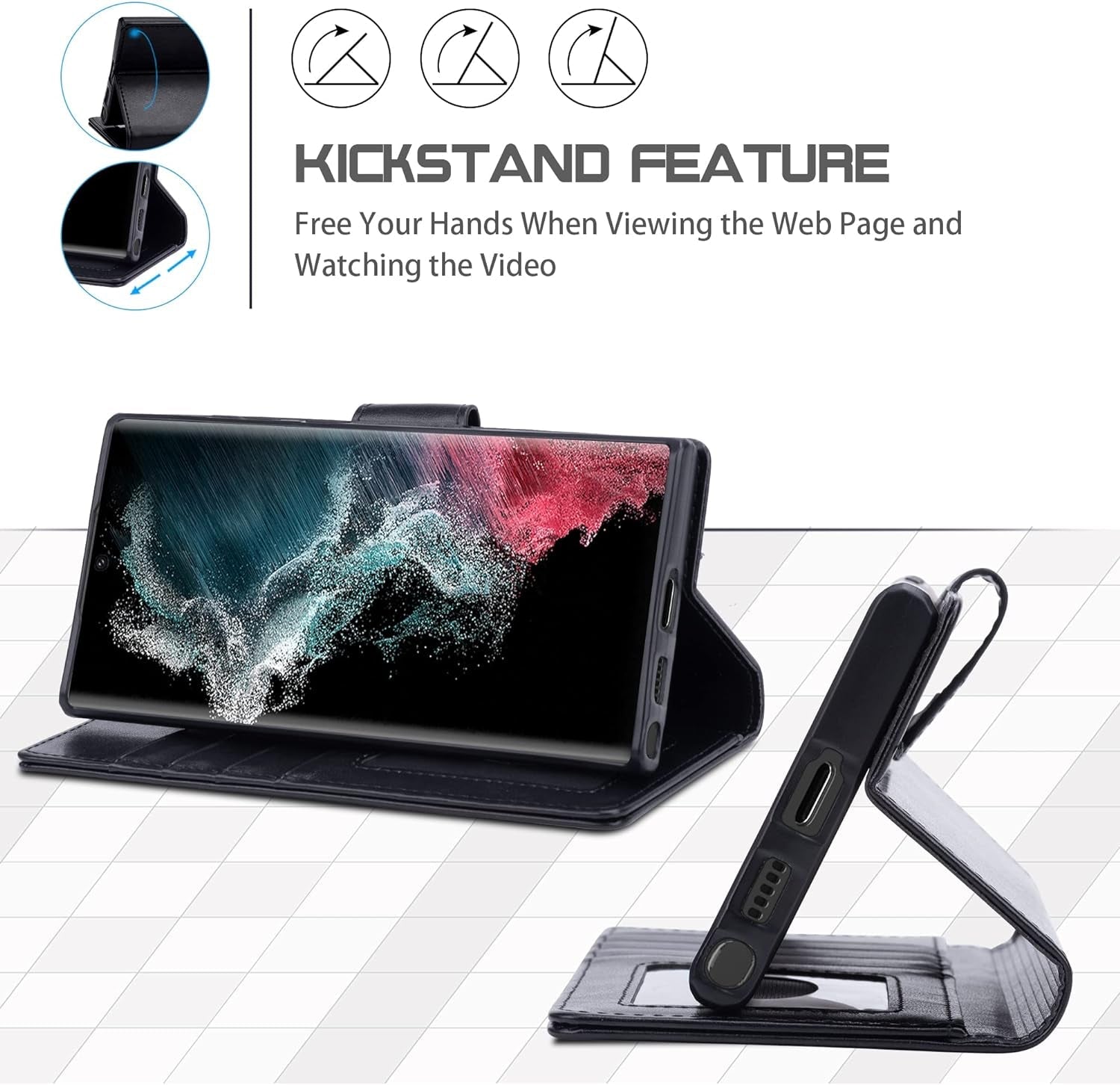 Arae Case for Samsung Galaxy S22 Ultra 5G PU Leather Wallet Case Cover [Stand Feature] with Wrist Strap and [4-Slots] Id&Credit Cards Pocket (S22 Ultra-6.8 Inch, Black)