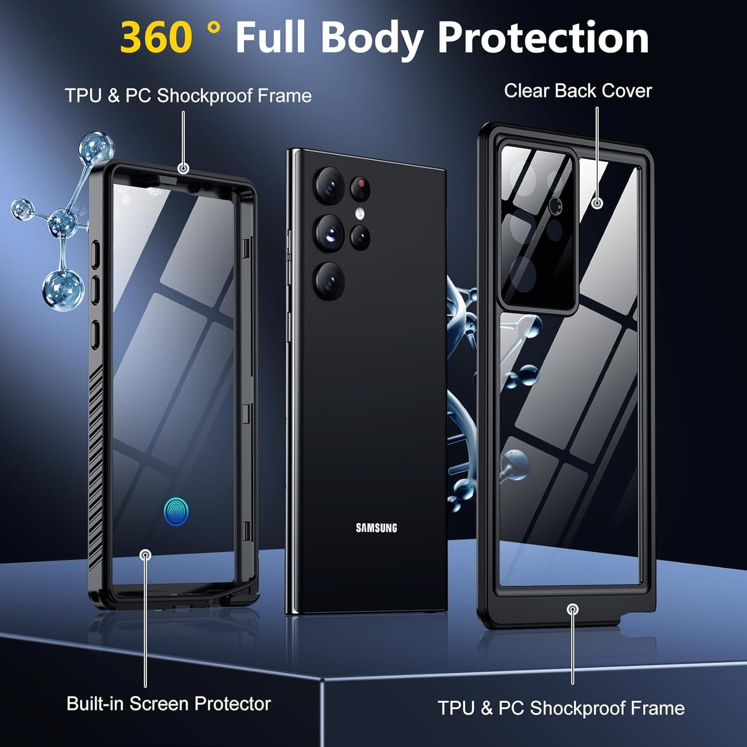 Designed for Galaxy S22 Ultra Case Waterproof, Built-In Screen Protector Full Protection Heavy Duty Shockproof Anti-Scratched Rugged Case for Samsung Galaxy S22 Ultra 6.8'' (Black/Clear)