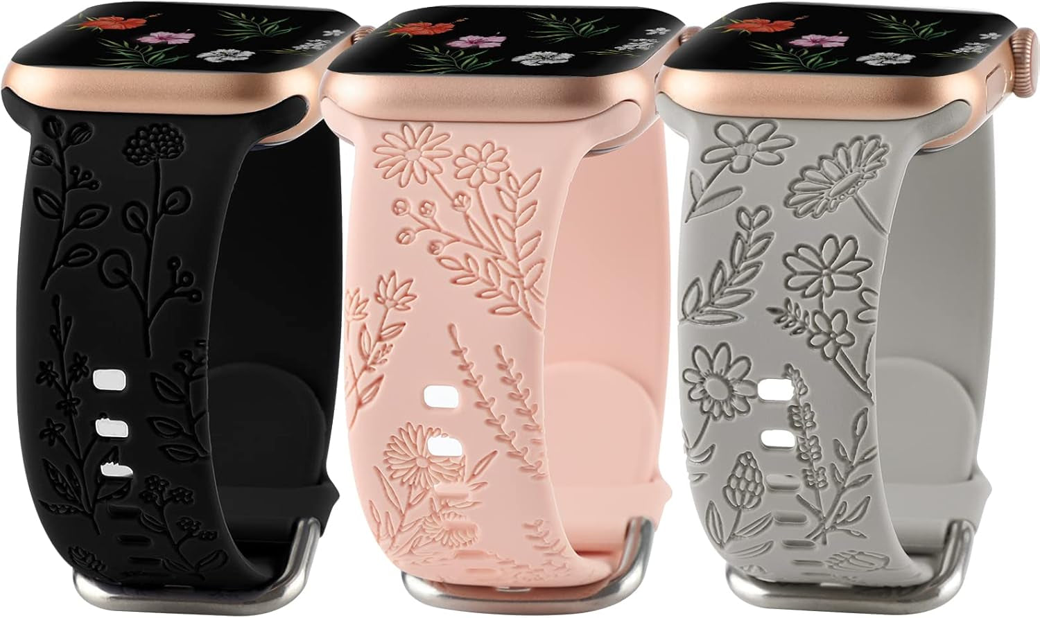 Floral Engraved Sport Bands Compatible with Apple Watch Band 38Mm 40Mm 41Mm, Women Cute Flower Pattern Soft Silicone Strap Smartwatch Wristband Accessories for Iwatch Series 8 7 6 5 4 3 2 1 SE