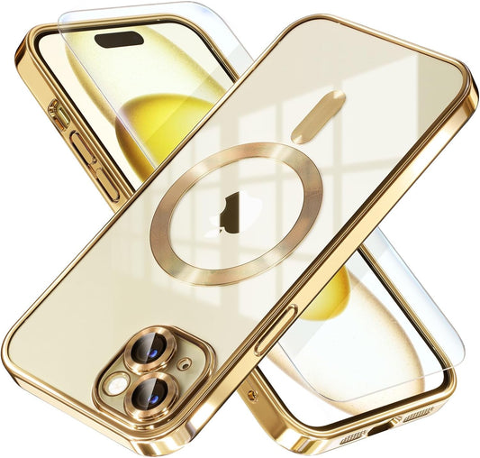 Misea Magnetic for Iphone 15 plus Case Compatible with Magsafe [Never Yellowing] [Military Grade Drop Protection] Full Camera Lens Protector Plating Soft Clear Phone Case for Women Girls, Gold  Misea   