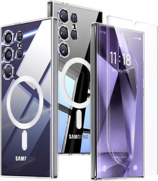 3 in 1 Magnetic for Samsung Galaxy S24 Ultra Case Crystal Clear [Compatible with Magsafe][No-Yellowing][2X Screen Protectors] Mil-Grade Shockproof Soft Phone Case for S24 Ultra 6.8" Clear