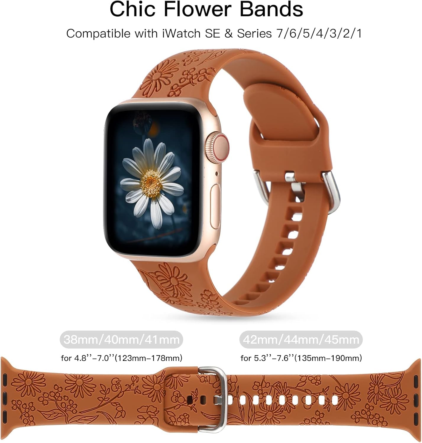 2 Pack Floral Engraved Band Compatible with Apple Watch Bands 38Mm 40Mm 41Mm for Women, Cute Wildflowers Design Soft Silicone Sport Strap Replacement Wristbands for Iwatch Series 9/8/7/SE/6/5/4/3/2/1