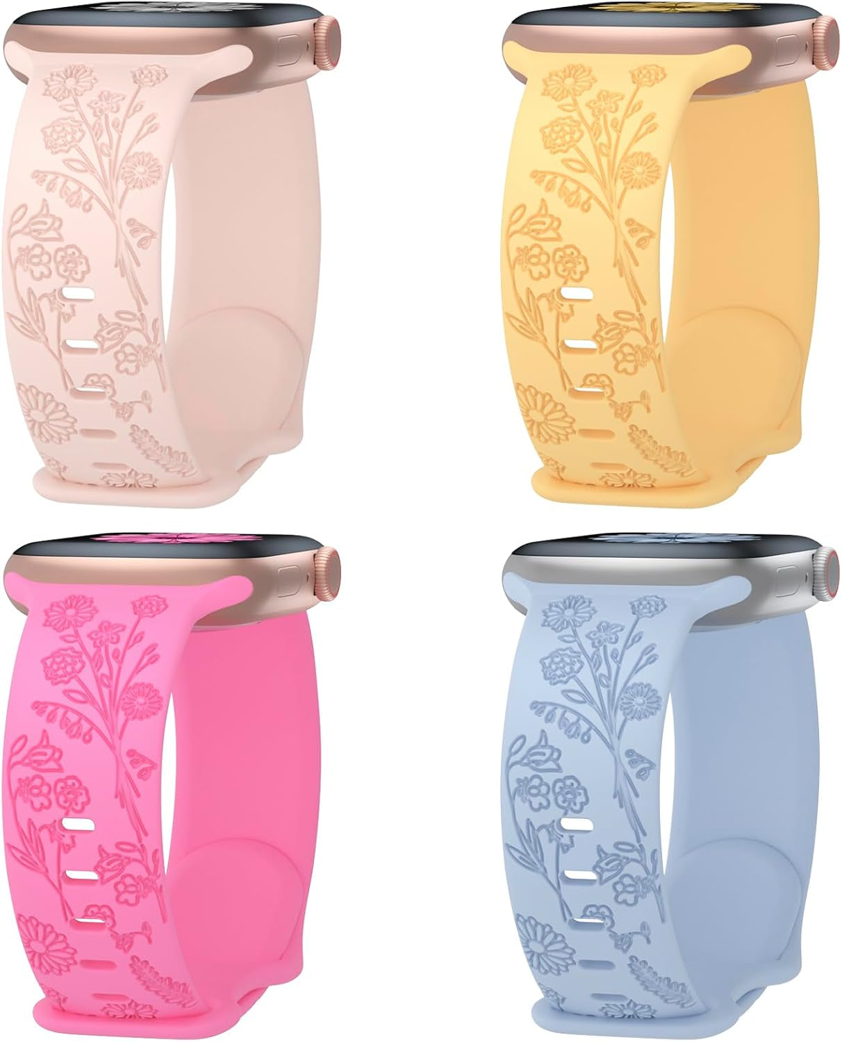 4 Pack Flower Engraved Silicone Band Compatible with Apple Watch Band 38Mm 40Mm 41Mm 42Mm 44Mm 45Mm 49Mm, Women Soft Floral Strap Sport Wristbands for Iwatch Series 9/8/7/6/5/4/3/2/1/Se/Ultra