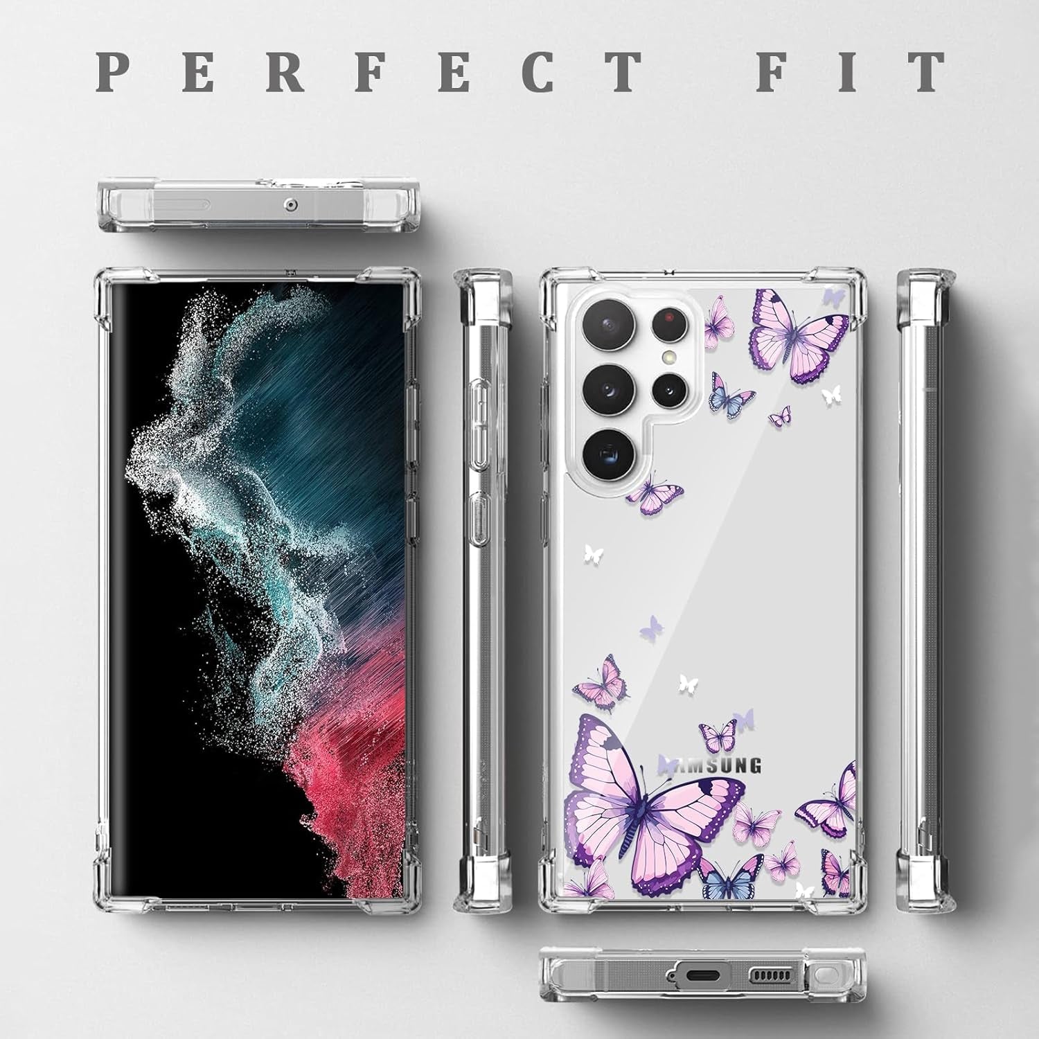 For Samsung Galaxy S22 Ultra Case,Alluring Purple Butterfly Pattern anti Yellowing Slim Hard Cases,Hard PC + TPU Bumper Clear Shockproof Protective Women Phone Cover - Purple