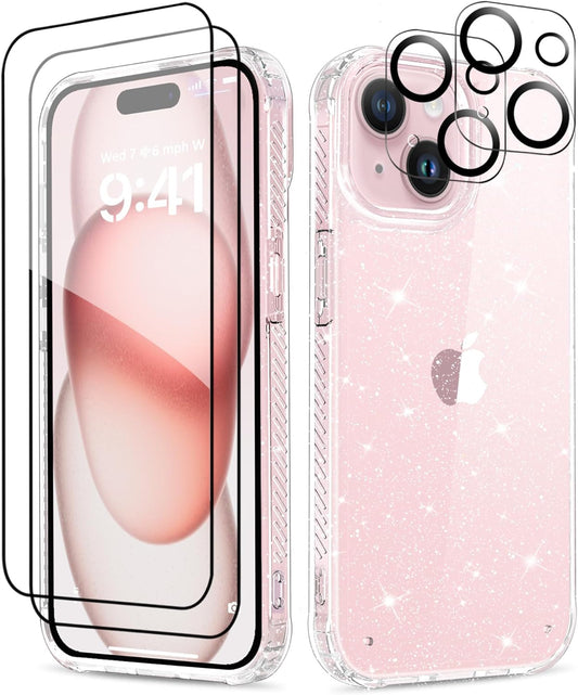 MIODIK for Iphone 15 plus Case, with 2Pcs Screen Protectors + 2Pcs Camera Lens Protectors, [Not Yellowing] Clear Glitter Phone Case, Protective Shockproof Women Girls Cover - Sparkle Clear  MIODIK   
