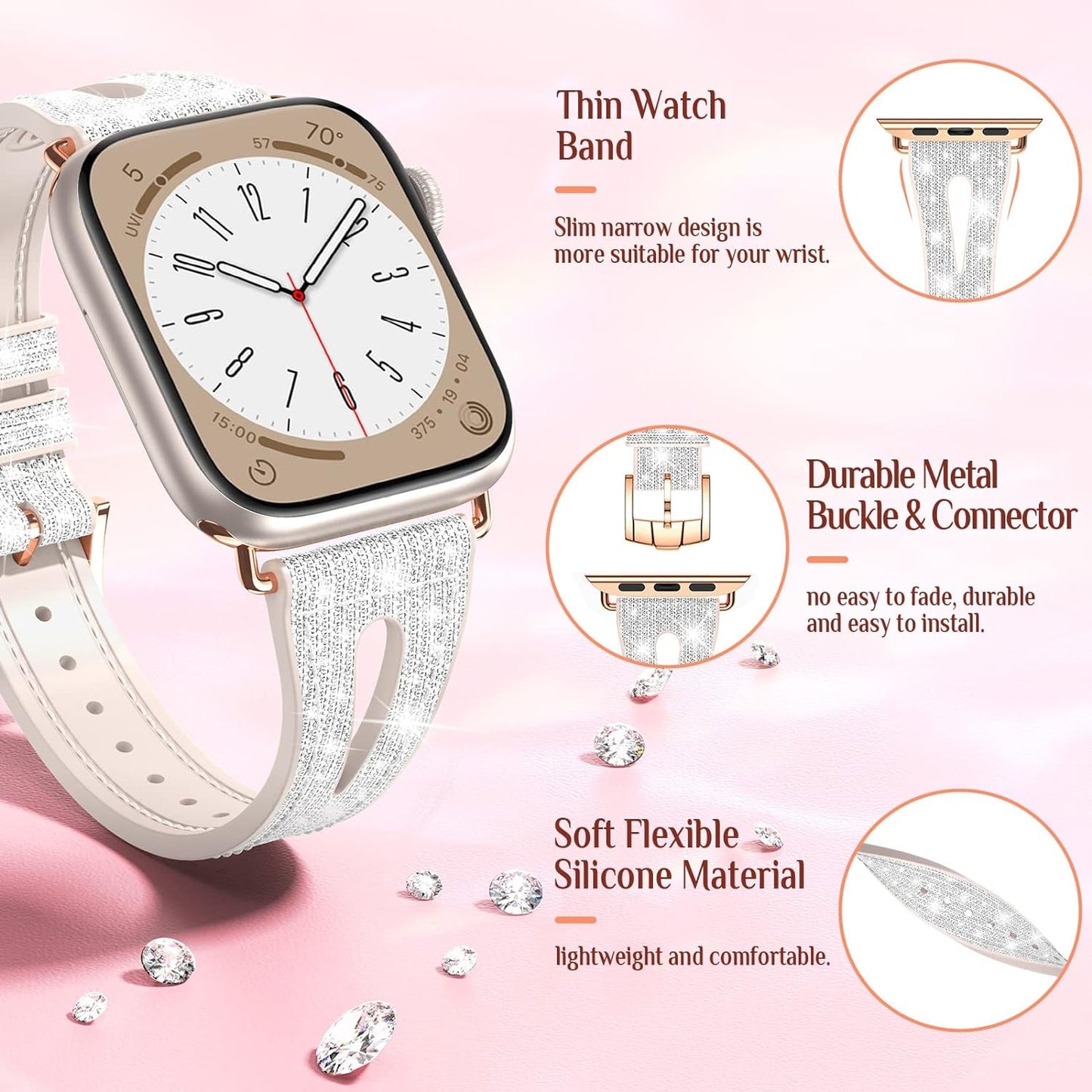 Goton Bling Silicone Band for Apple Watch Bands 49Mm 45Mm 44Mm 42Mm 41Mm 40Mm 38Mm Ultra Ultra2 Series 9 8 7 6 5 4 3 2 1 SE Women, Glitter Strap Accessories Designed for Iwatch All Series