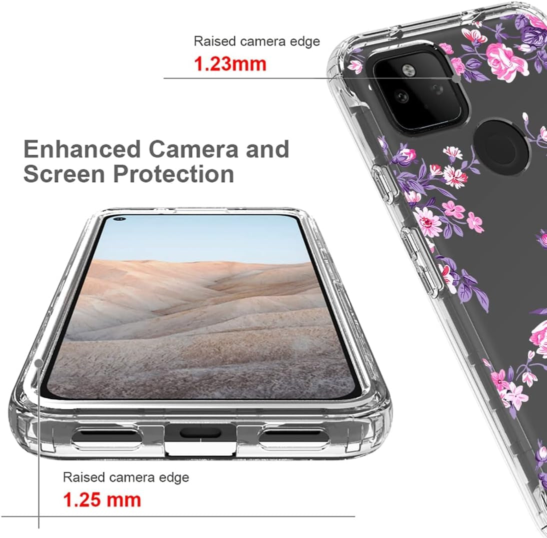 Case for Google Pixel 5A 5G Case with Tempered Glass Screen Protector, Full Body Shockproof Clear Floral Soft TPU Slim Phone Protective Armor Cover for Google Pixel 5A 5G (Rose Flower)  Sidande   