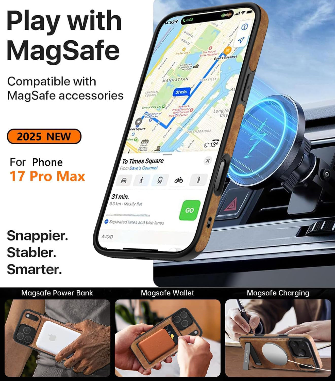 Magnetic for Iphone 17 Pro Max Leather Case,Built-In Invisible Stand [Compatible with Magsafe] Protective Slim Kickstand Phone Cover for Iphone 17 Pro Max,Brown
